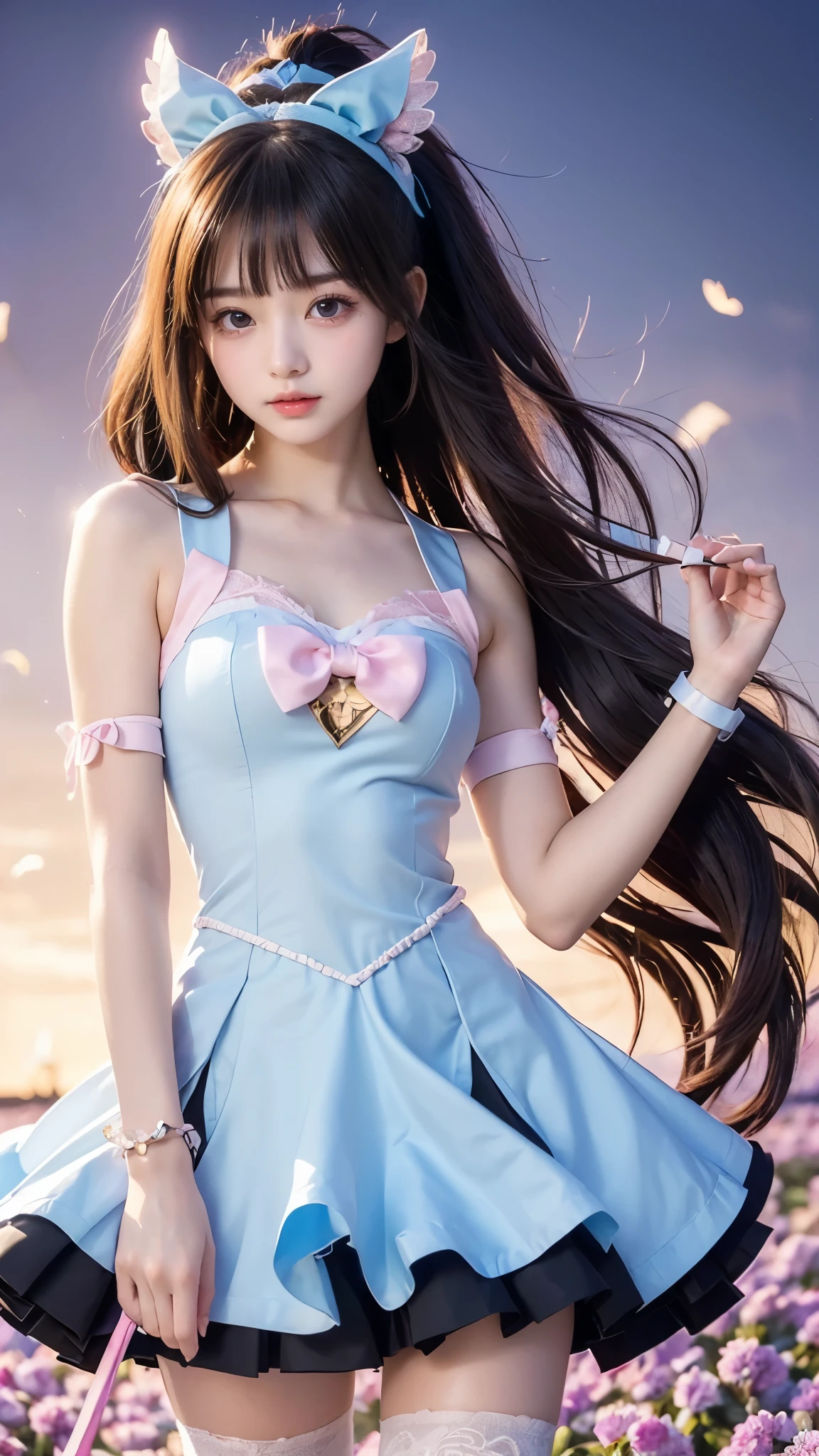 (((Transcendental cute magical girl)))、slender body line、wonderful hairstyle、Highest Quality、masterpiece、best quality、reality、ultra high definition、(detailed hands:1.3, perfect right hand:1.3)