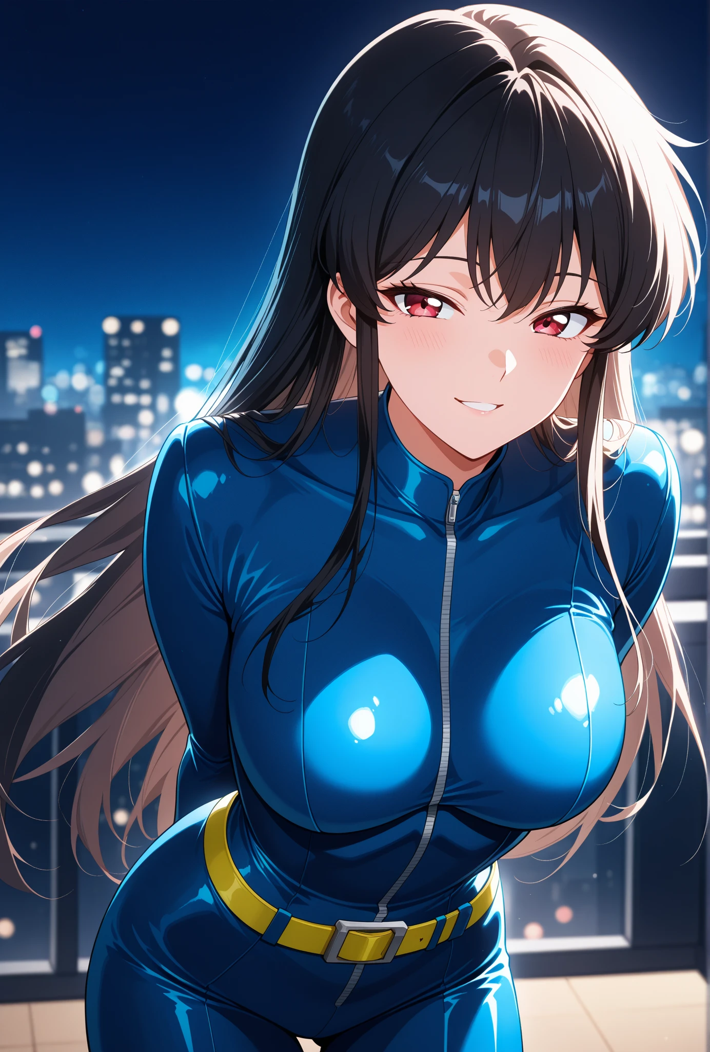 （（super high quality,Ultra-high resolution,4K,8k,super masterpiece,Ultra HD））,Sea in clear skies,Looking up from below,The blazing sun,One Girl,（（Glossy navy blue sweatsuit,Naked in a sweatsuit,（Large collar,Open collar,Tight collar）,A zipper that opens from the jawline to the chest,Fine zipper）,sexly）,Long straight black hair,smile,Sharp Eyes,soaked,Sweaty,Place one hand on hip,