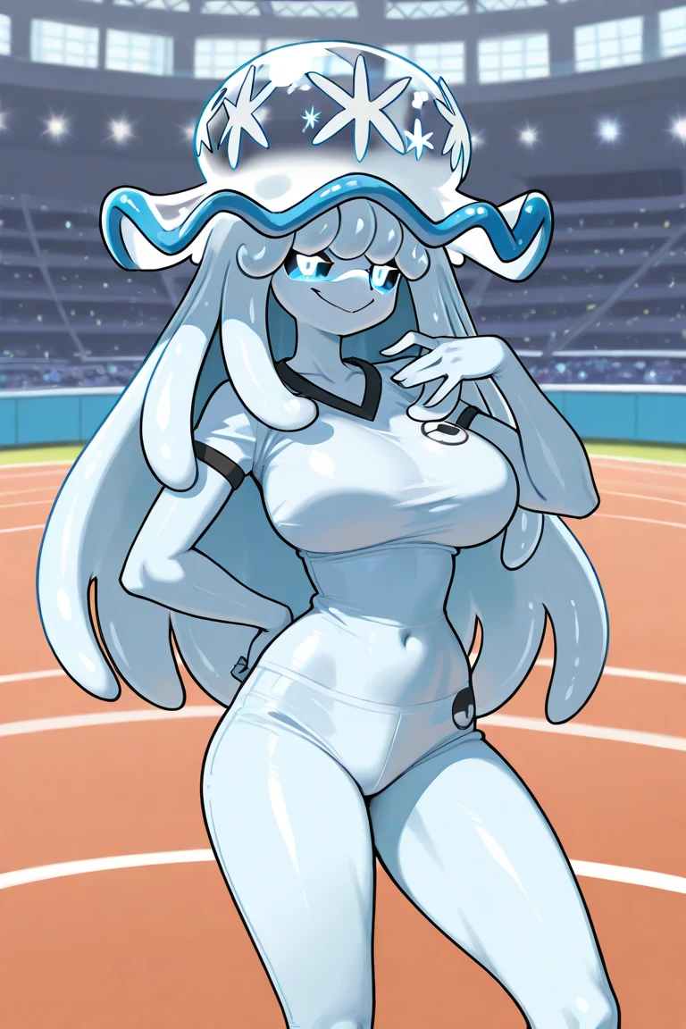 "Dynamic pose of a person with oil-slicked skin, sporting a competition swimsuit, and boasting flowing hair. Thigh-high stockings, an Ahegao expression, and blushing."