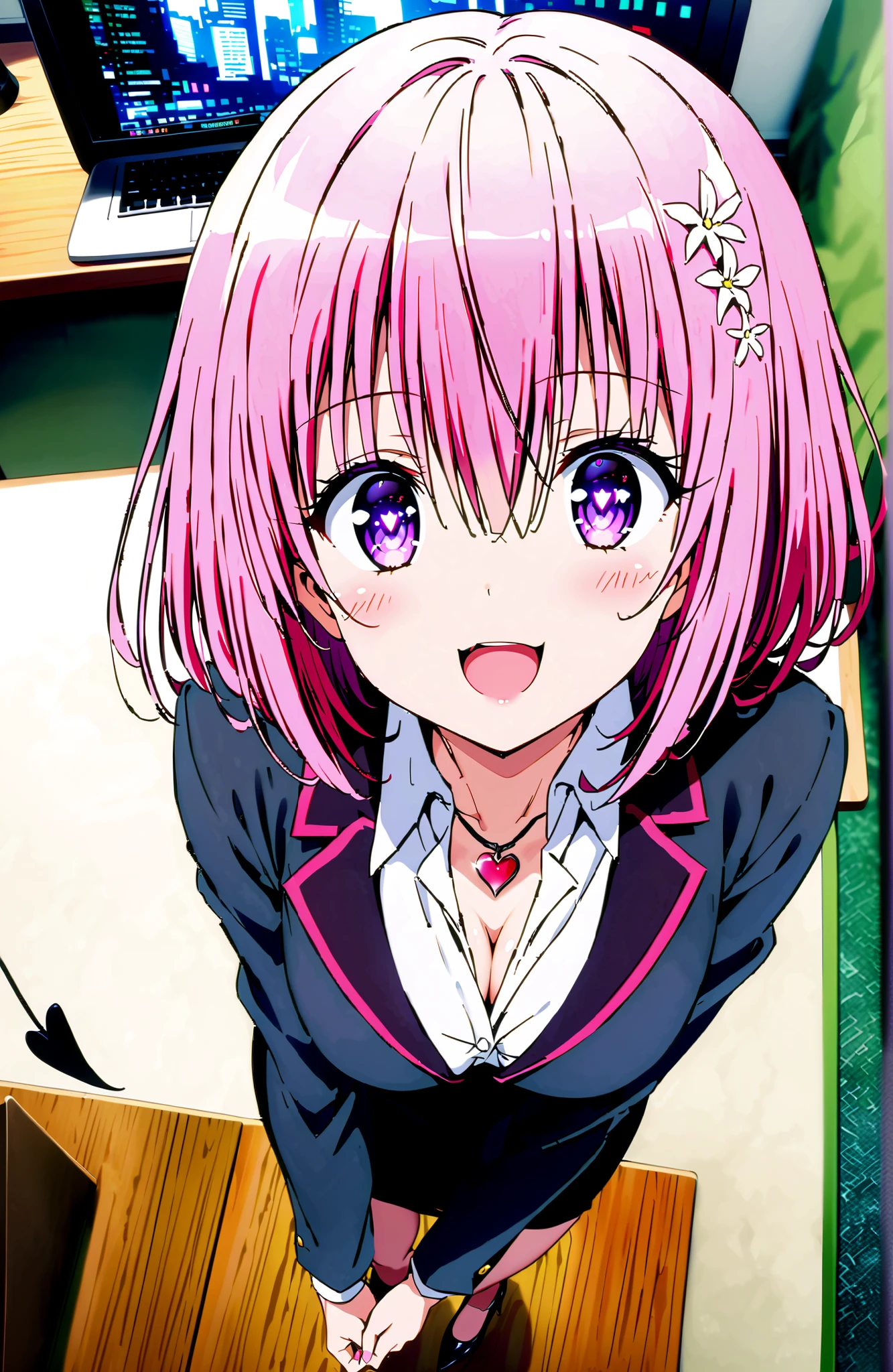 score_9, score_8_up, score_7_up, source_anime,
Momo Devil,
Momo Deviluke, Demon Tail, hair flower, hair ornament, PURPLE EYES, pink hair, short hair, Medium breast,cleavage,heart shaped necklace,smile,blush,open your mouth,OL, red glasses, end, black suit jacket, collared jacket, white dress shirt, collar shirt, button, , Black Pencil Skirt, is placed on the work desk, pin heels,Sit cross-legged on a table,interior,The computer is on the table,angle from above, large window,noon, Beautiful Streetscapes,full bodyがイラストに入るように,in their 40s looking at viewer,full body,
in their 40s indoors,office ,
in their 40s (masterpiece:1.2), best quality, high resolution, Unity 8Kの壁紙, ( illustration :0.8), (beautiful detailed eyes:1.6), very detailed face, perfect lighting, very detailed CG, (perfect hand in h, perfect anatomy),