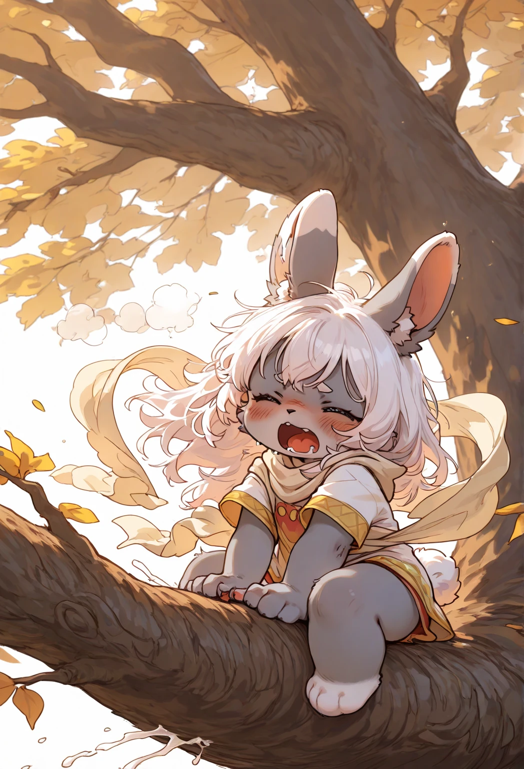 ((Nanachi)), ((masterpiece)), wide shot, (Professional Photography:1.2), from below, summer sky, (beautiful cave), messy hair, ((detail of nanachipants)), detail of eyes, sweaty, very blush, (very shy), Textured skin, (Pale purple), (all-fours on the ground), cute pose, (ahoge)