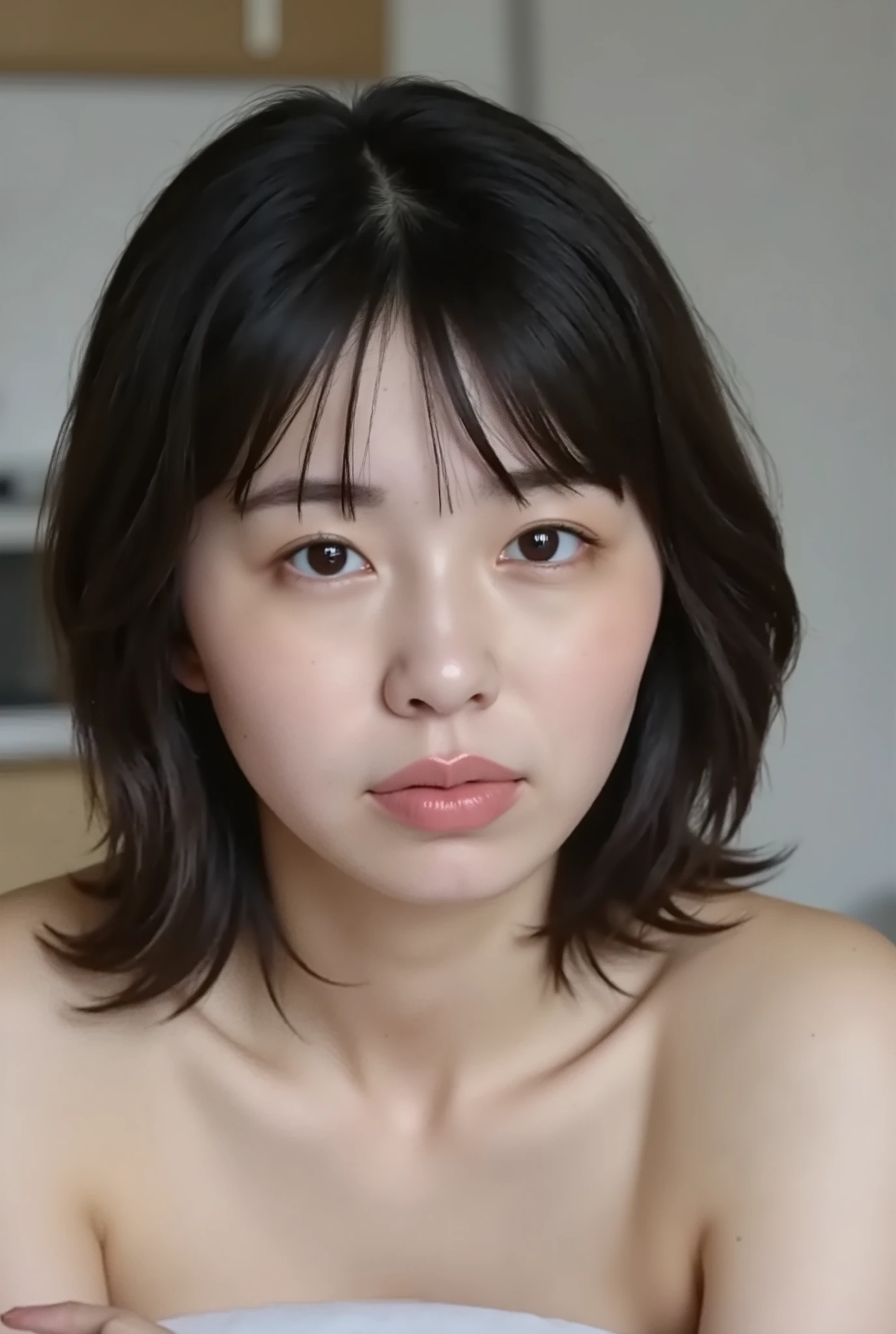 (( Highest Quality )), ((masterpiece)), ( details), Japanese, first person view ,lying on your back, sexy,( has sex in the bedroom ),(( Voluptuous women, petite woman )),(( abnormally large breasts , completely naked, short bob hair)), black hair , (( without makeup, small eyes))