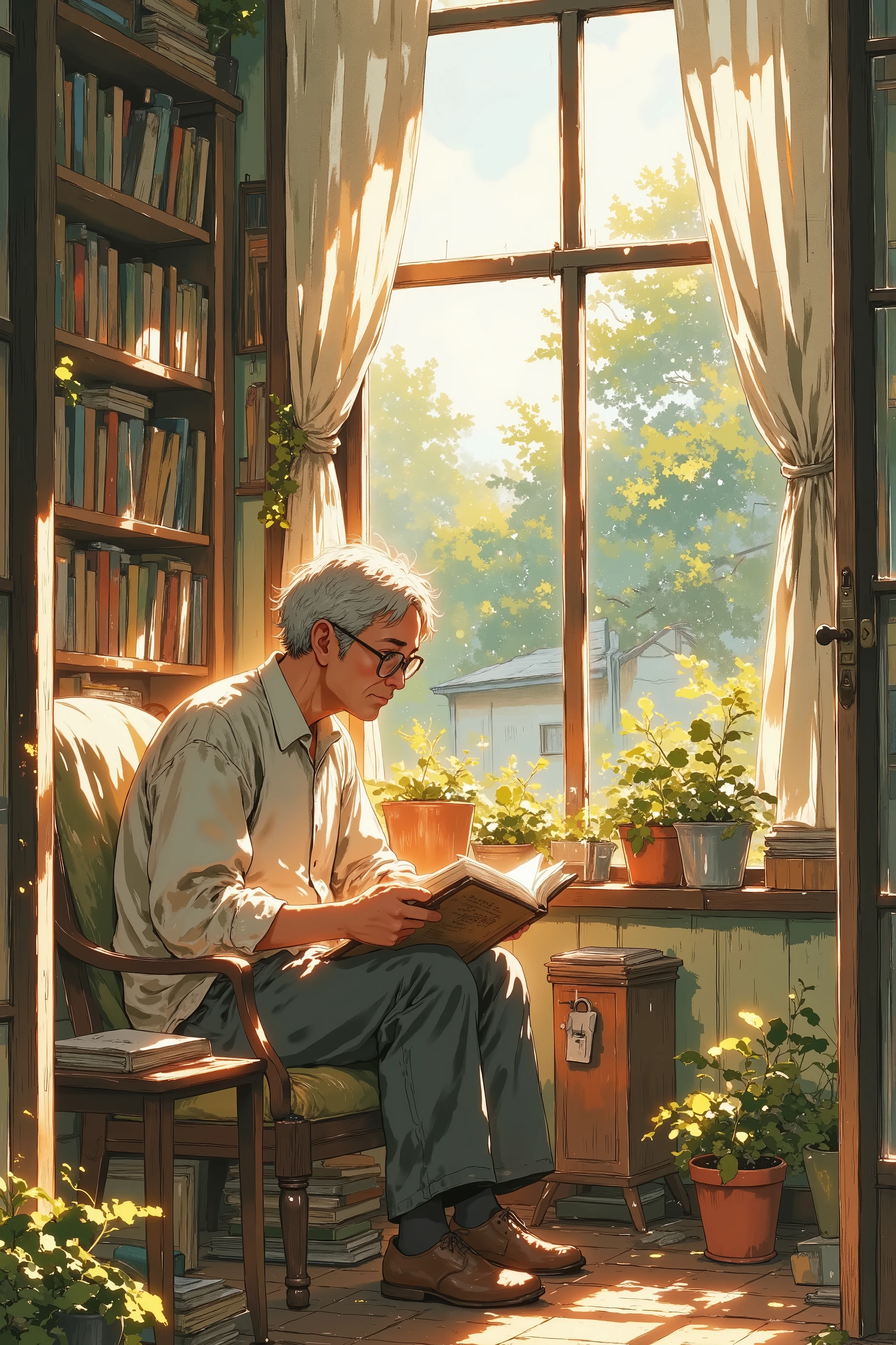 an elderly man reading a hardcover book by the window, sunlight streaming through the lace curtains, surrounded by potted plants and bookshelves, serene and nostalgic mood, whispering-light
