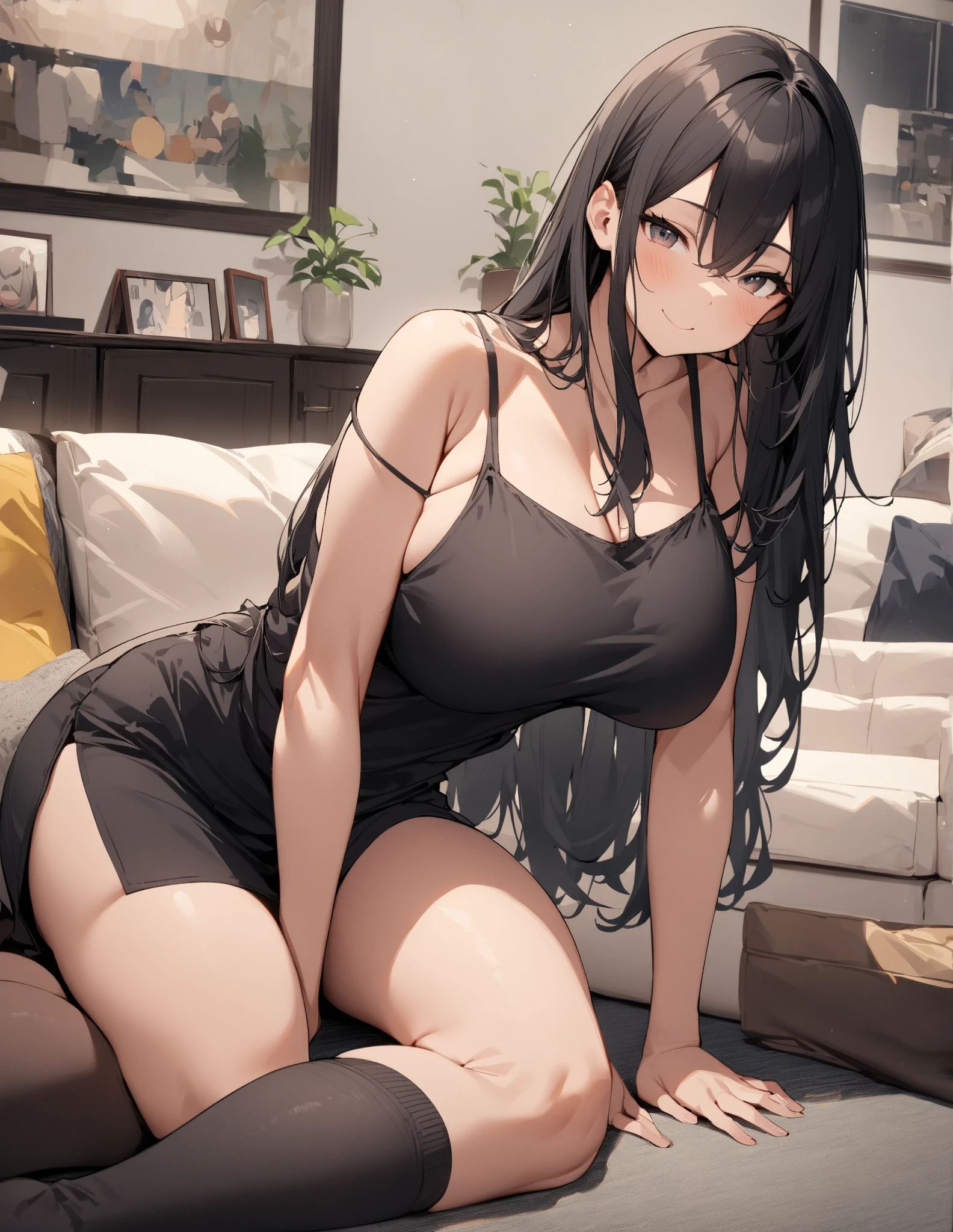 1 Girl,((attractive)),((unkempt black hair)),((Dark circles under the eyes)),((mistreated wavy black hair)),((eyes tired from not sleeping)),((black tank top)),((black thong)),((giant breasts)),( (chubby ass)),((messy room)),(((is playing video games))),{work of art},{high quality},{lots of detail},