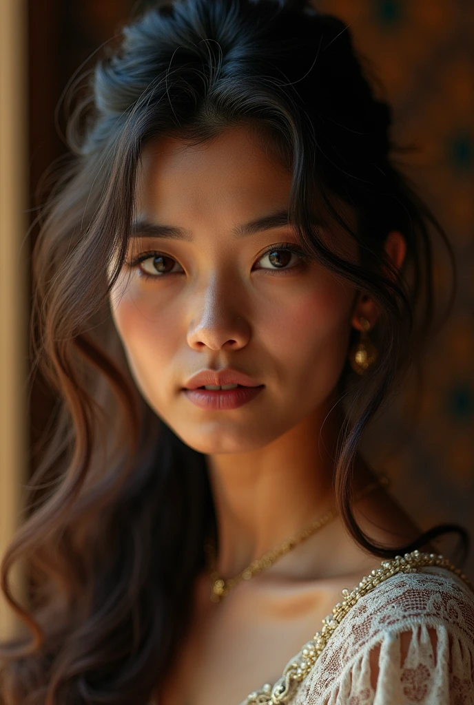 A young woman with long wavy black hair,cinnamon skin, dark brown eyes,full lips,looking straight ahead, sad look,portrait,high detail costume,realistic,studio lighting,soft bokeh,warm color tone,dramatic tone,oil painting,ultra fine details,Masterpiece resolution,4k,hdr