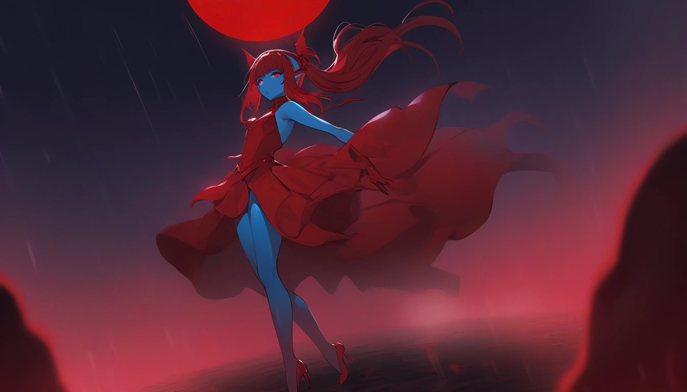 Naked cute woman、Red costume、diadems、Light blue flame、barechested、wounds、castle in background