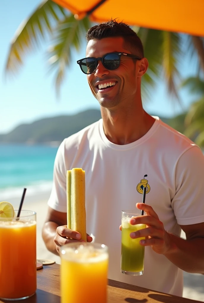 (photorealism: 1.2), handsome Cuban man, beautiful and athletic body, standing next to a beach bed, the bed is made of wood with beige cushions, under a guano umbrella, dark skin color, curly hair, with a green short, holding with his left hand and drinking a can of beer, the can is green, the can has no signs, it is on the beach, in a sunset, natural light with a beautiful Cuban woman, beautiful body, sitting on the beach bed, the bed is made of wood with beige cushions, under a guano umbrella, dark skin color, curly hair, wearing green shorts, holding with her left hand and drinking a beer can, the can is green, the can has no signs, it is on the beach, in a sunset, natural light