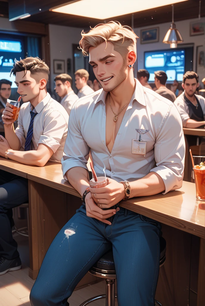 1 voluptuous man, very tall (he is about 6.5 feet tall), very muscular, (Blue eyes), happy smile, American man, 30 years old, sporty build and very tall, muscular, white man, close-up photo, photo of full body, (8K, RAW photo, highest quality), ultra wide angle, ((masterpiece)), ((best quality)), 8K, High detail, Highly detailed, Hairy chest muscles, full of six-pack abs, Very manly, Golden brown eyes, Man shaved his head, fashionable head, vivid male image, fashionable pose, masculine expression, real skin texture, ((Perfect details of hands)),((Real and full details of hands)), full body, dressed in formal suit with big bulge, pale skin, thin and wide, good lighting, very pale skin, light skin, model with attractive body, big bulge and big butts (Best quality, 8k, Masterpiece ). High detail, top quality, natural lighting, beauty, sexy, correct anatomy, good composition, realistic shapes, realistic skin tones, natural eyes, realistic eyes, looking at viewer, vpl, realistic muscles, realistic skin wrinkles, realistic arms. and legs, Realistic face, Make a sexy and seductive face, Clear focus: 1.2, Perfect manly body: 1.4, Slim abs: 1.2, Highly detailed skin and face texture, detailed eyes, double eyelids, big upper lip, masculine focus, amazing composition, front view, HDR, volumetric lighting, ultra quality, style, posterotic photo shoot, realistic pose, detailed hair, full body, Fujifilm XT3 photorealistic art during the tour. He is sitting in a luxurious restaurant and is having dinner
