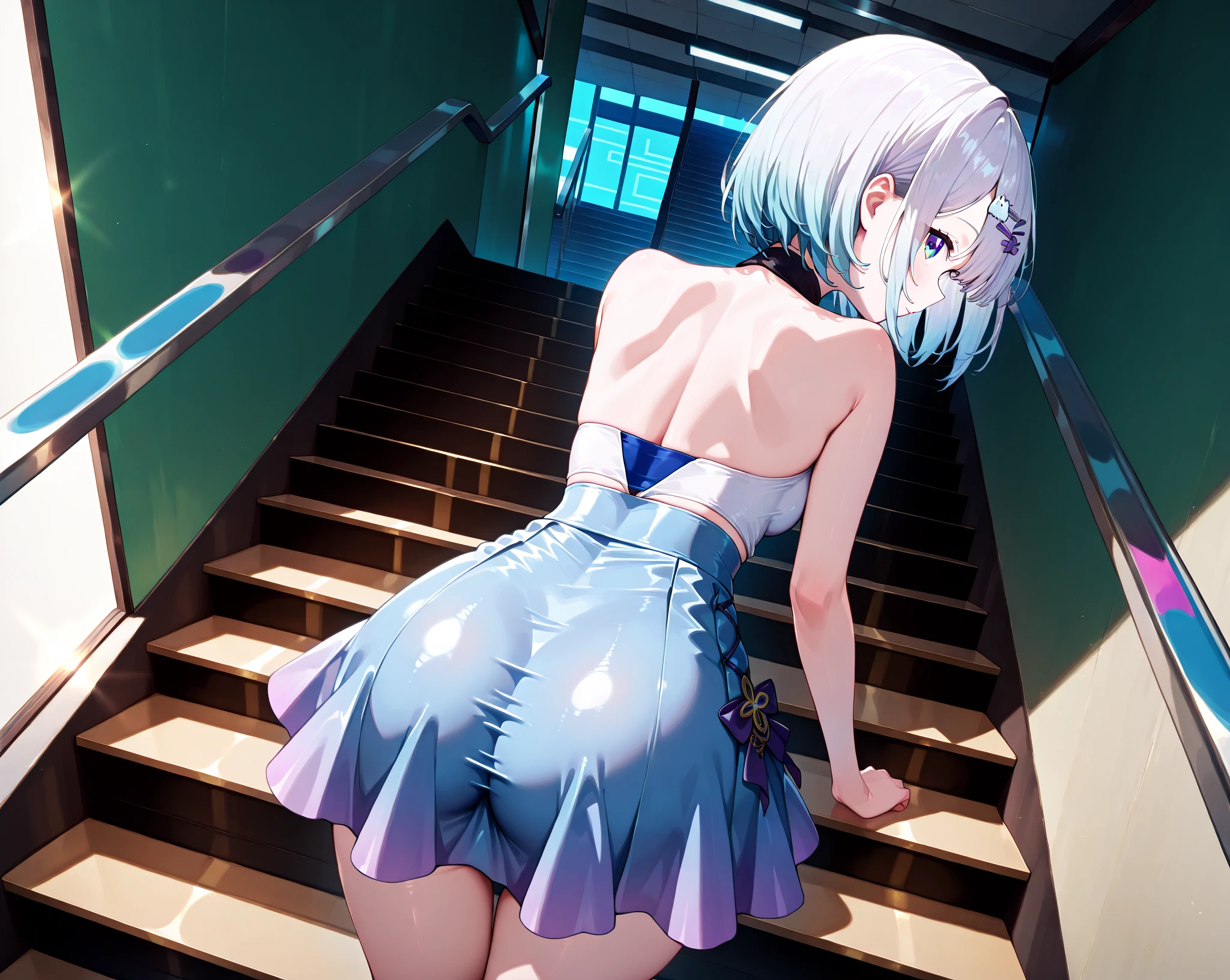 masterpiece, best quality, ultra detailed, 1girl, cute, microphone, realistic, underwear, (panties:1.5), Idol, standing, looking at viewer, (looking back:1.3), ( from behind:1.4), tanktop,on stage, indoor, in public, (flat chest:1.3),  straight hair, (two side up:1.2), blue eyes, smile, solo, Idol dress, holding microphone, upskirt, cowboy shot