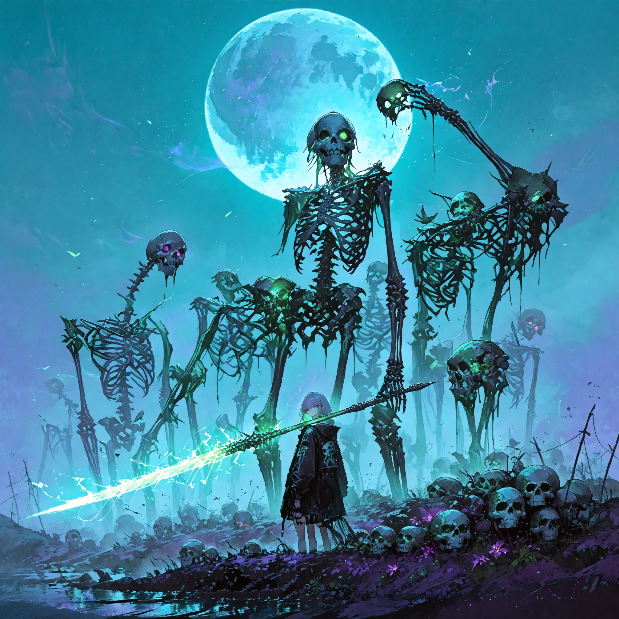Necromancer, army of the dead, countless skeletons, purple energy, glowing eyes.