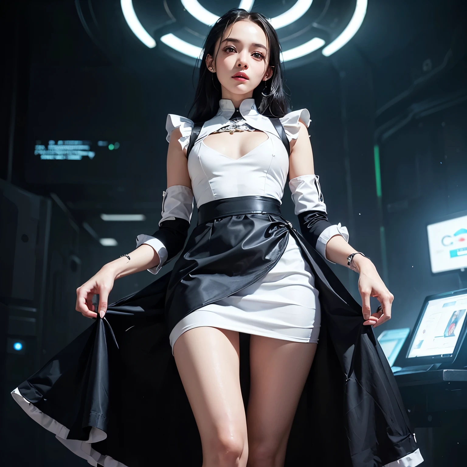 wearing a futuristic elegant mini dress in glossy silver