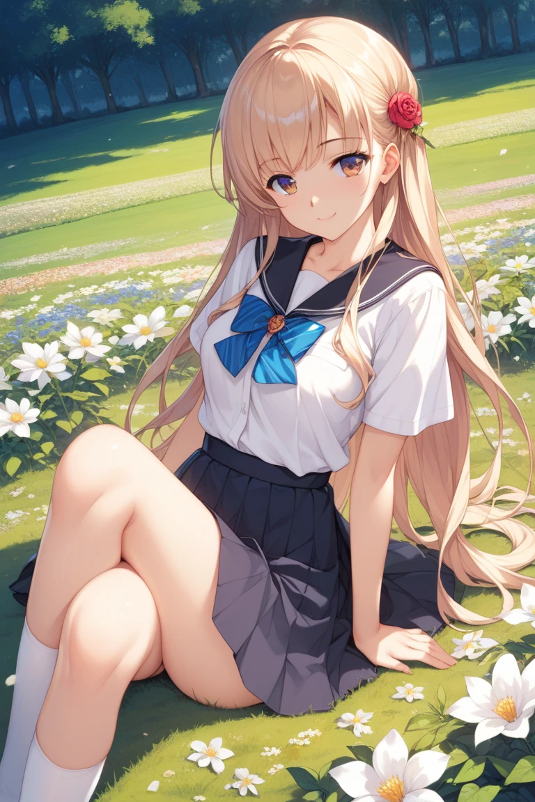 masterpiece,best quality,highres,ultra-detailed,(facing_viewer:1.1), (full body), solo, 1girl, medium_breasts, straight_long_hair, outdoors, garden, cherry blossom trees,all fours,crawling, infinite_stratos_school_uniform,