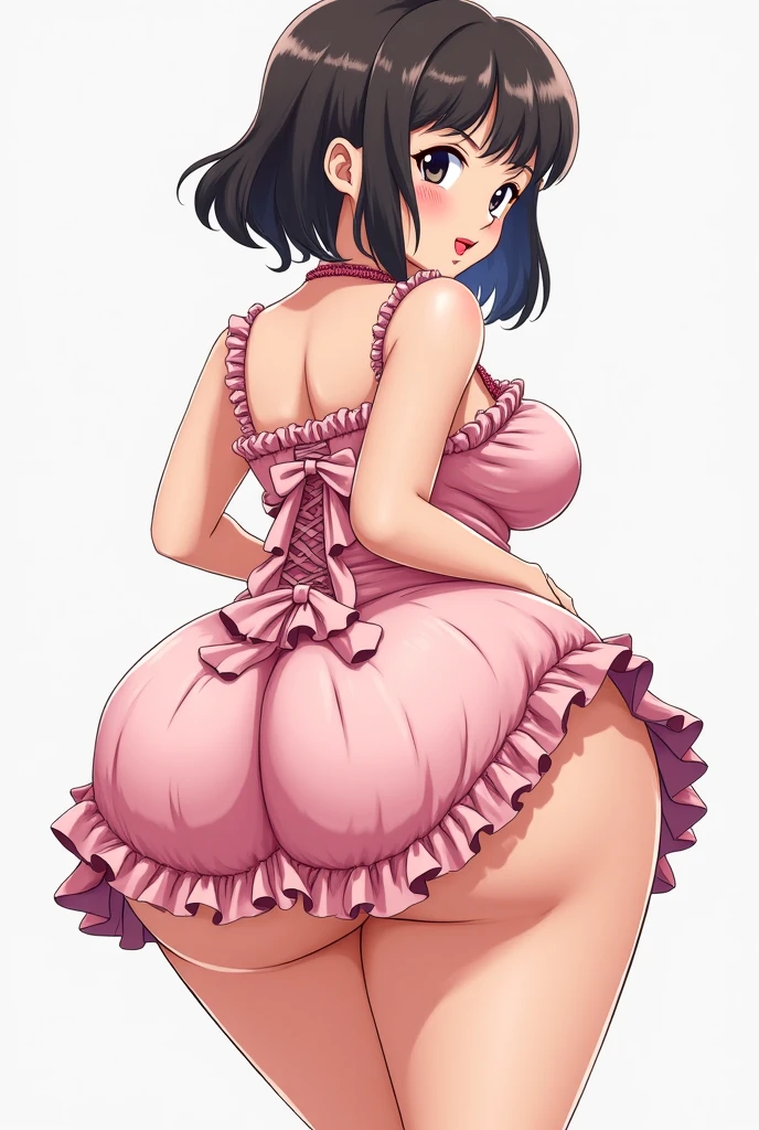 1girl, looking back, booty, blush, amazing, lovely girl, from behind, best quality, great artwork, sensual image, bouncing ass, ((white background:1.3, shy, akane_tendo-ranma, solo)), (bend over:1.3, lingerie, looking back over the shoulder), eyes detail, face detail, short hair, without_panties, pussy, hands on hips, pinup