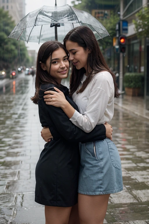 in the park, the weather is very rainy, the young couple is without clothes. a hugging couple pressing, lifting a woman's beautiful body while showering in the rain