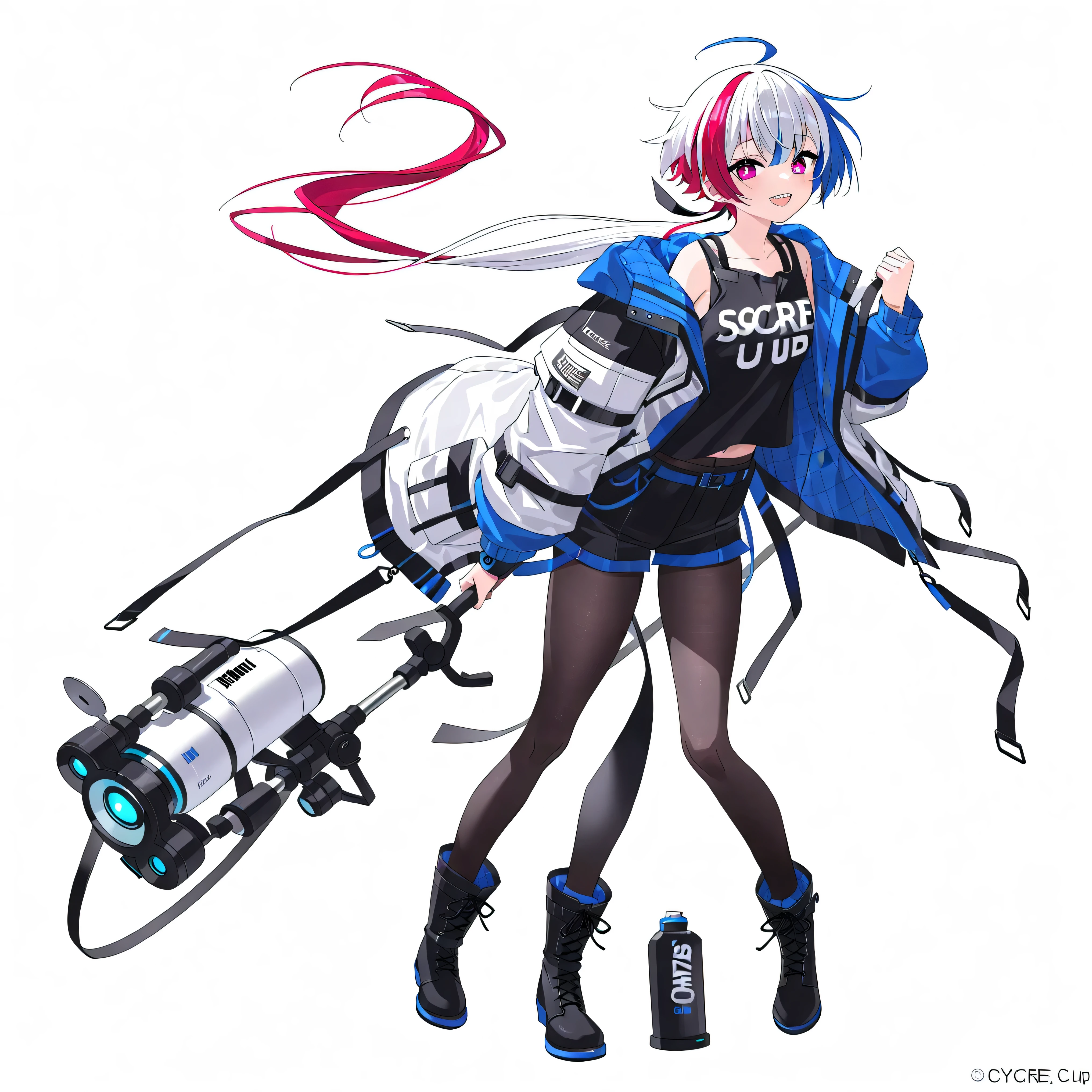 high resolution、High Quality、solo、short cut hair, low ponytail 、 2 color hair、stupid hair、black pantyhose 、Boyish clothes、double teeth、Thick-soled boots、 asymmetric hair 、 simple eyes 、white background、standing, casual shorts、full body、2 Foot