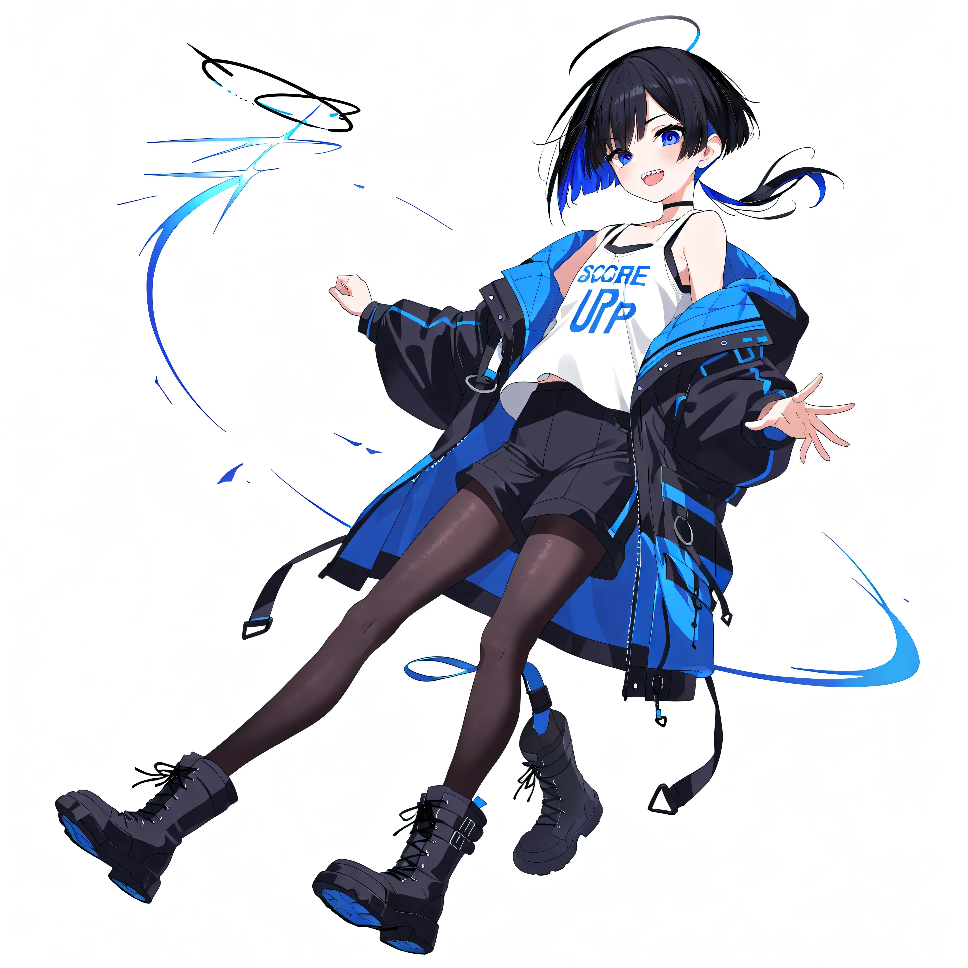 high resolution、High Quality、solo、short cut hair, low ponytail 、 2 color hair、stupid hair、black pantyhose 、Boyish clothes、double teeth、Thick-soled boots、 asymmetric hair 、 simple eyes 、white background、standing, casual shorts、full body、2 Foot