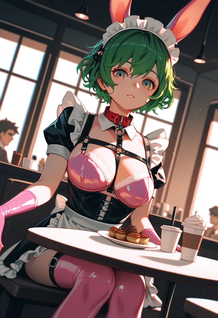 mastute piece,Best Quality,insanely detailed,8k cg,nsfw,
(shoot upper body:1.3),
(1girls:1.3),standing,looking at viewr,body in front,((both arms behind back:1.4)),(sailor waitress costume:1.2,waitress headband),(bare breasts:1.2),break,
blush,shy,(ecstasy face),(trembling:1.2),break,(lightgreen hair:1.2),
break,
perfect breasts,perfect teats,(open mouth:0.9),(large breasts:1.3),
(coffee shop:1.1),