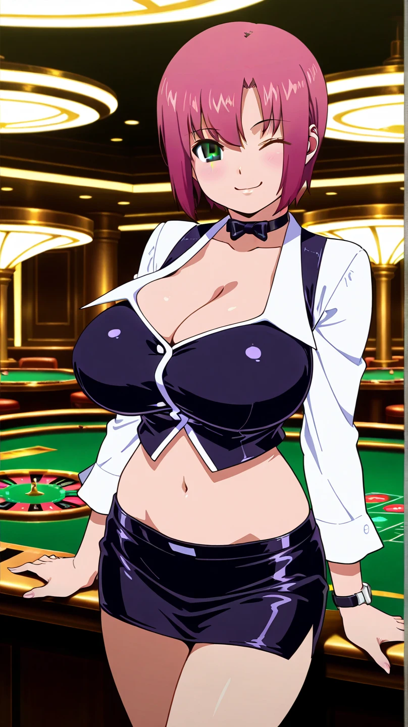 nsfw,Masterpiece、Cowboy Shot、One hand on hip、phsaber,Artoria、((Big Breasts))、(smile)、((Completely naked))、((vivid purple sexy high leg panties))、Calm expression、(((Close your mouth)))、((Inside the casino))、Shiny Skin、(Smile)、Vivid Green Eyes、Big eyes、Detailed eyes、Toned thighs、Around 30 years old、Above the knee socks、Glamorous Girl、Sexy pose、Five fingers、