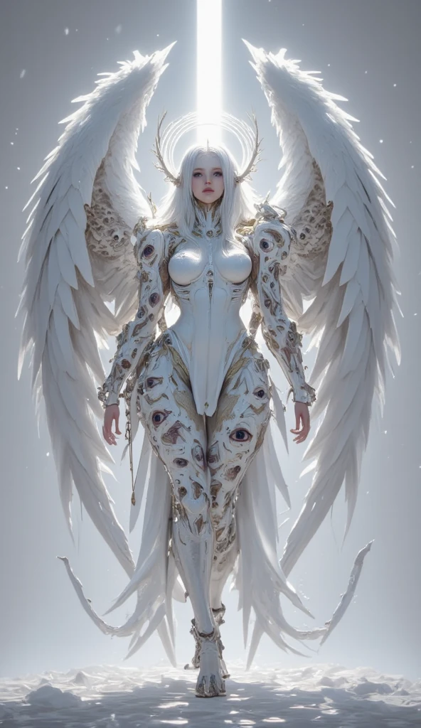 top quality, Masterpiece, ultra high resolution, ((Photorealistic: 1.4), Raw-Photo, 1 girl, gray hair, Glossy leather, angel girl, (Ultra-realistic details)), Global Illumination, shadows, octane number, 8K, ultra sharp , big, Open neckline, Latex bodysuit, complex decorative details, Egyptian Parts, very complex parts, realistic light, CGSoation trend, purple eyes, grey eyes, sparkling eyes, Facing the camera, neon details, Angel Halo, Blood vessel, medium breasts, the clothes are a little holey and exposed parts of the body are visible, Evangelion, white angel wings and gray clothes, white halo glows, Small luminous LED lamps (in the background there is a dazzling landscape with pink cherry trees and mountains with a waterfall.), a big one is visible piece of breast and nipple, no panties either, naked vagina, one of the greatest angels has just been reborn, around divine holiness in the background
