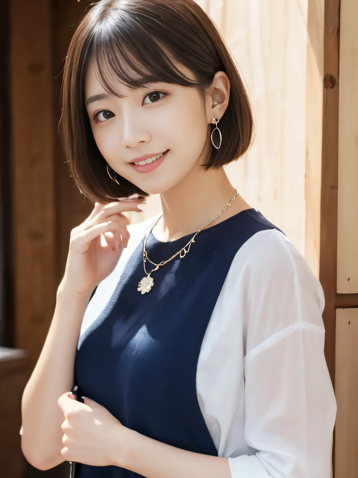 Short Japan woman, Curly blonde bob,university student,Simple,Droopy eyes,single eyelid,Plain face,Earrings,Sitting,An innocent smile,Feminine and elegant clothing,Ultra HD,You can see even the pores