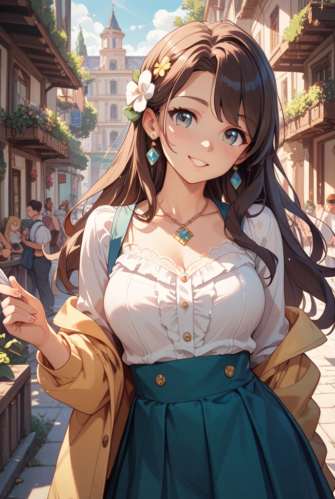 Transcendently Beautiful Girl, (masterpiece face, masterpiece eyes:1.5), BREAK, (long hair, hair over one eye, straight heavy hair, brown hair:1.3), BREAK, Flat_Chest, Huge_breasts, wide_lower back, grin, long eyelashes, makeup, BREAK, (Five Fingers, 4fingers and 1thumb), (plain white ao dai:1.5), side focus, standing, outdoor, daytime, garden, no wind, (from below, from behind:1.3), Masterpiece, best quality, captures a super cute moment, depth of field, ultra detailed, ultra high resolution, C4D, Octadale, 3D modeling, 8k, 16k,