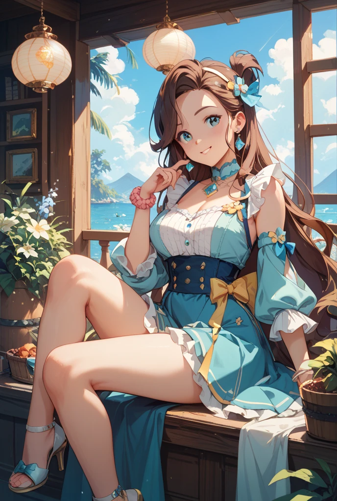 Best quality, masterpiece, high resolution, 1girl, transparent silk short skirt, beautiful face, hair accessories, is sitting on the side of the boat, one foot kicks out of the water to splash, girl mischievous smile, hair accessories, necklaces, jewelry, long hair, earrings, pale thighs, (rounded feet, perfect toes), realism, edge lighting, (high detail skin: 1.2), high quality, high resolution, 8k, background bokeh