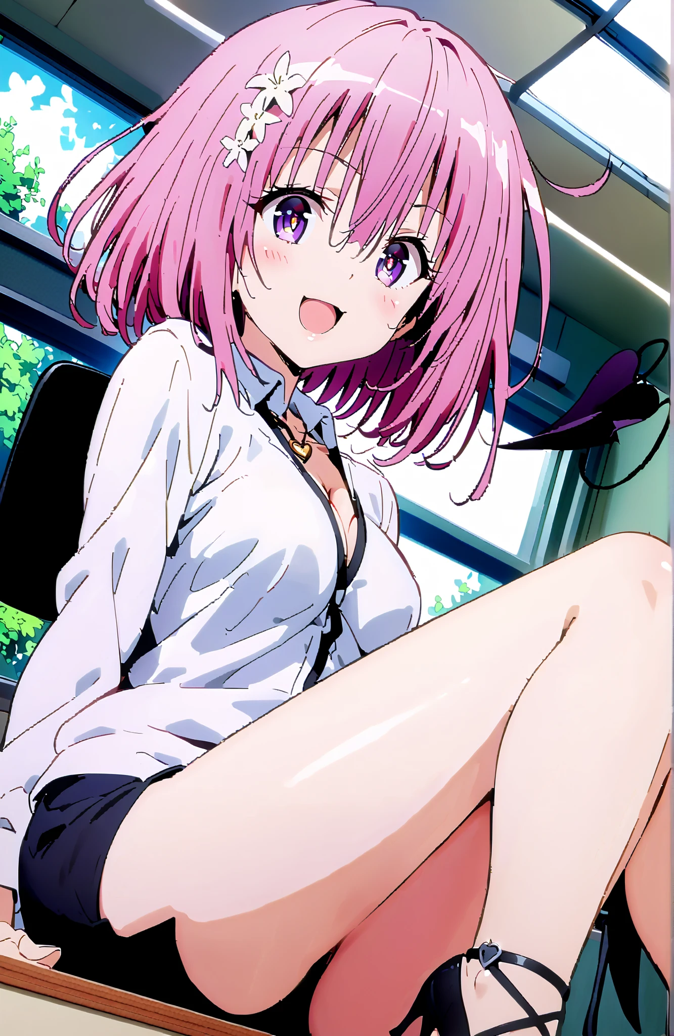 Momo Deviluke, Demon Tail, hair flower, hair ornament, PURPLE EYES, pink hair, short hair, Medium breast,heart shaped necklace,smile,blush,open your mouth,OL, red glasses, end, black suit jacket, collared jacket, white dress shirt, collar shirt, button, , Black Pencil Skirt, is placed on the work desk, pin heels,Sit cross-legged on a table,interior,The computer is on the table,angle from below, large window,noon, Beautiful Streetscapes,full bodyがイラストに入るように,in their 40s looking at viewer,full body,
in their 40s indoors,office ,
in their 40s (masterpiece:1.2), best quality, high resolution, Unity 8Kの壁紙, ( illustration :0.8), (beautiful detailed eyes:1.6), very detailed face, perfect lighting, very detailed CG, (perfect hand in h, perfect anatomy),