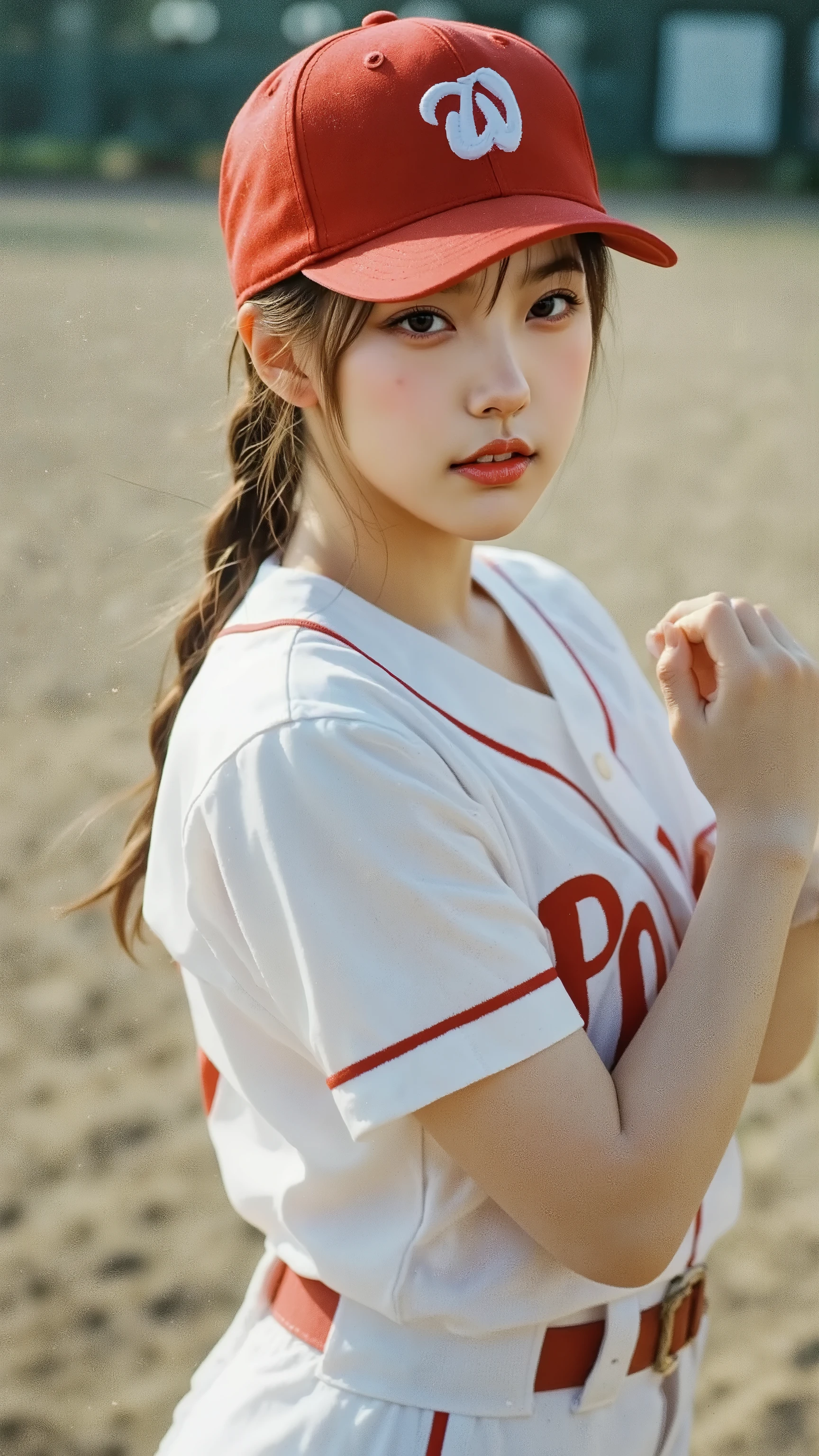 (details of a very beautiful face), (best image quality:1.4), 8K resolution , high resolution, 1 girl, beautiful girl, best beauty , Very beautiful and detailed face, smooth skin, beautiful detailed eyes, Official Portraits, Fair skin , Adding Gloss to Her Lips, Open lips, japan, baseball uniform, baseball cap,, big , suitable for thin waists, Big butt, Features , throw, Baseball , dynamic, Motion blur , baseball field , Sweating, Sweaty ,
