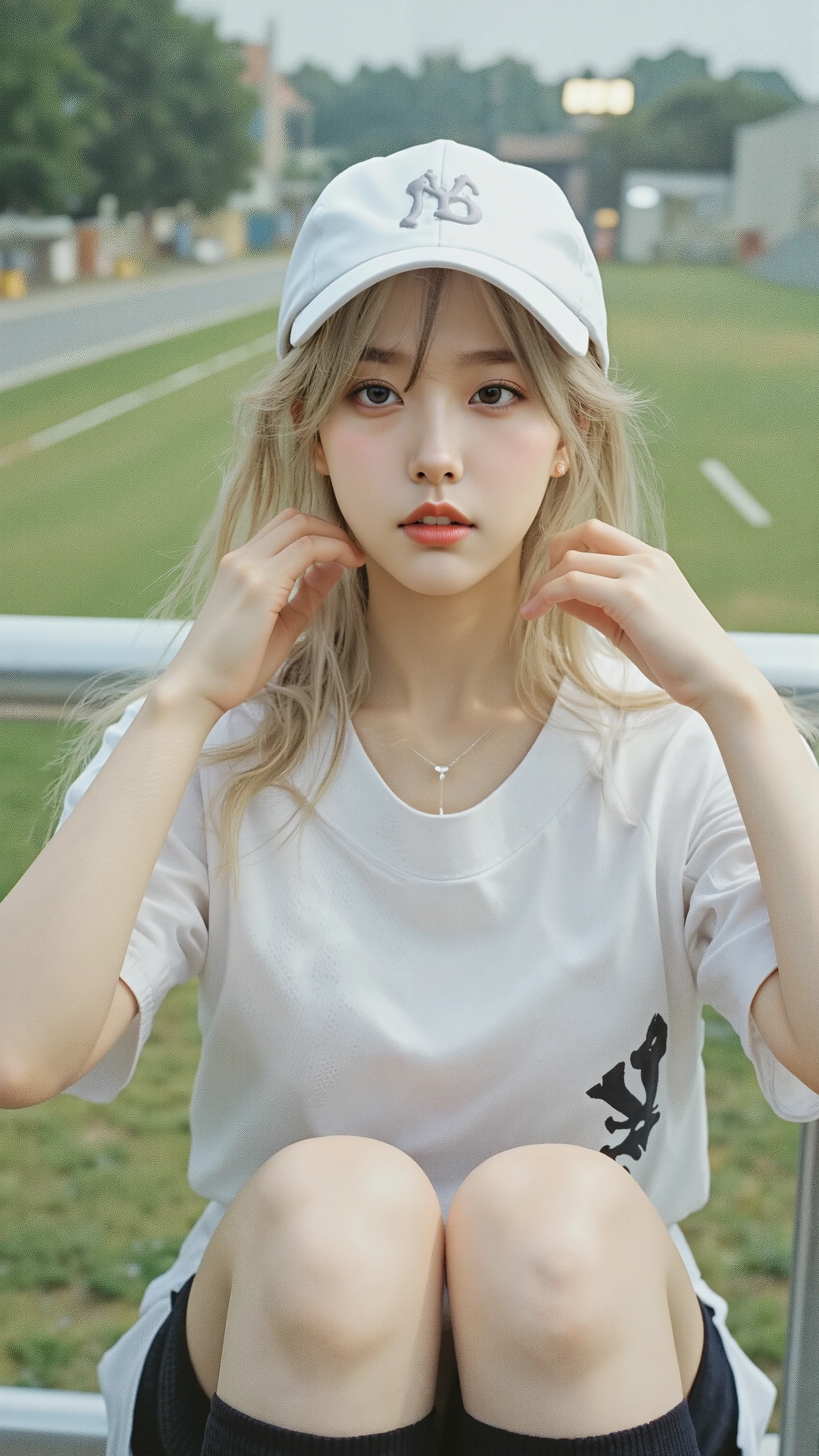 (details of a very beautiful face), (best image quality:1.4), 8K resolution , high resolution, 1 girl, beautiful girl, best beauty , Very beautiful and detailed face, smooth skin, beautiful detailed eyes, Official Portraits, Fair skin , Adding Gloss to Her Lips, Open lips, japan, baseball uniform, baseball cap,, big , suitable for thin waists, Big butt, Features , throw, Baseball , dynamic, Motion blur , baseball field , Sweating, Sweaty ,