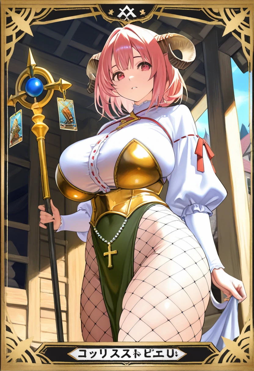 ((masutepiece, Best Quality, hight resolution, nffsw, Perfect Pixel, depth of fields, 4K, )), 1girl in, Solo, , Beautiful anime girl, Beautiful Art Style, close up, Looking at Viewer, Perfect body, Yuigahama Yui, Short hair, pink hair, hairbun, hair braid, (large boob), earrings, smiling, wink, winking, one eye open, white witch outfit, white witch hat, cleavage, holding magic staff, blank white background, cowboy shot