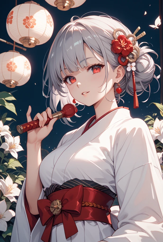 masterpiece, best quality, :o, sweating, close upmasterpiece,best quality,8k wallpaper,1 girl,solo,
flat chest, skinny, ribs,
beautiful embroidery kimono,light smile,pale skin, pale skin shade, intricate white hair,red eyes,squinting eyes,empty eyes,no pupils,
eyelashes,red eye liner,bob cut,intricate kanzashi, blunt bangs,Japanese ro, daytime, invitation,dynamic angle