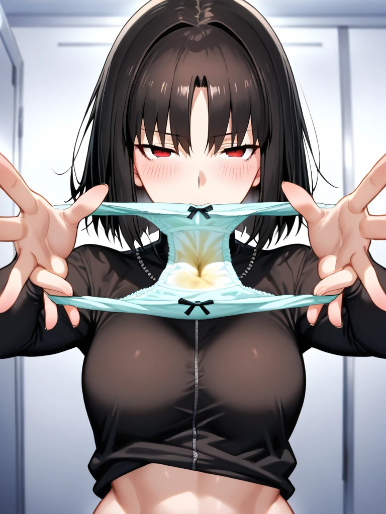 1girl, black hair, blush, frange émoussée, beautiful detailed red eyes, beautiful detailed lips, extremely detailed face, long eyelashes, (best quality,4k,8k) loose hair, light smile, big big big big , very blush, arched back, nude body, nipples detailled, in front, sweaty body, shortness of breath, jerk off