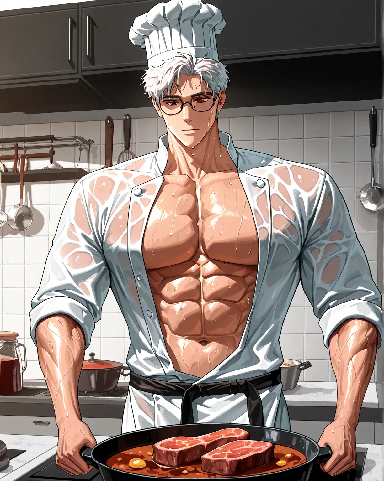(masterpiece, best quality:1.2), (1boy), solo, 8k, white hair, long hair, glasses, green eyes, handsome male, very detailed, broad shoulders, tall, doctor, tattoos, anime style, in a clinic, muscular chest