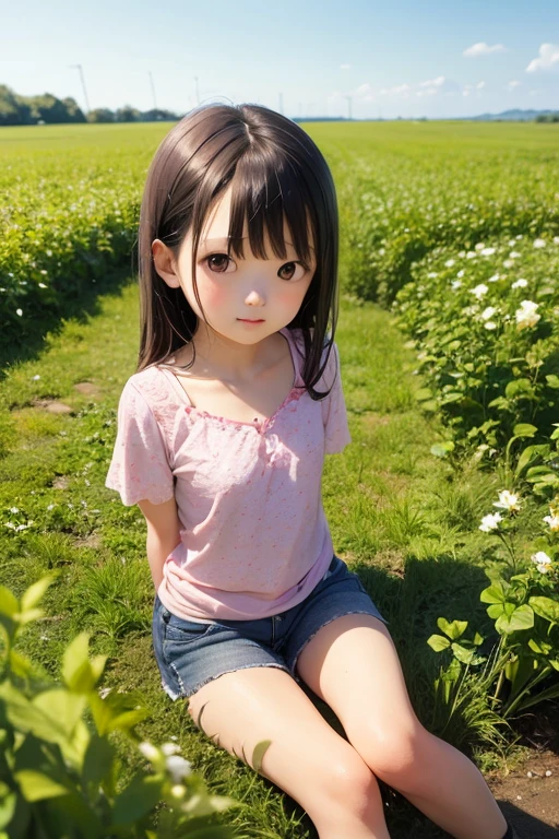 hightquality、a picture、8K、fullnude、open one's legs、small areola、Smaller chest、skinny  body、is standing、Hide your hands behind your back、shaved pubic hair、11 year old、Very young、petite body、tiny body