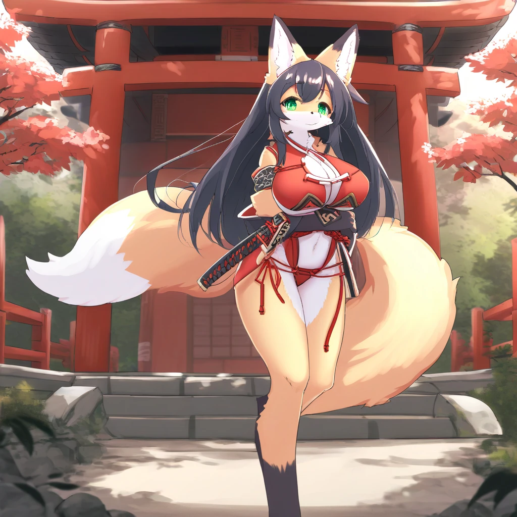 a woman wearing a red kimono with black details of flowers, short skirt, long black stockings, black women's shoes, long black hair, kitsune ears, kitsune tail, multi tail, big breasts, orange eyes, walking on a walk in a Japanese garden, with trees with orange leaves, overlooking a large, smiling lake,,(woman solo)ultra resolution, very detailed, HDR, masterpiece, 8K hd