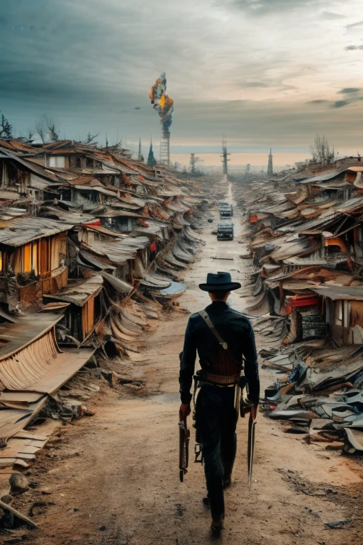 star15mod, (master part), (best quality), (ultra-detalhado), (best illustration),(Melhor sombra), Olhando para o Viewer, cowboy shot, city background destroyed by fire, tactical gear, Tactical pouches, (Gas mask:0.8), tactical armor, fuzil de assalto, Revolver with holster, (franzir:1.3)