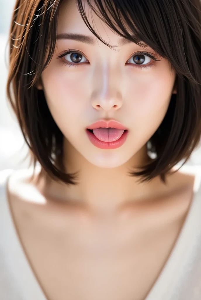 ( Masterpiece:1.30, surrenders:1.5), ( RAW photos :1.5), professional photography, ( Extremely Detailed Clear Focus:1.5), movie lighting, (( Breathing from Head to Chest Portrait :1.10)), break, NSFW (Ultra-detailed beautiful faces:1.10), (Ultra-detailed beautiful slim body:1.9), 21 years old, ( super detailed beautiful Japanese beauty female idol:1.7), ( cute smile:1.3), Woman in the center of the image, break, (( Please stick out her tongue and open her mouth wide:1.10)), Japanese Woman Kneeling , squats, point of view looking down , open your mouth and stick out your tongue, Wet and shiny tongue, Wet Tongue Full of Bubbles , Looks like they can eat , (Kiss, ディープKiss), (Salivary tongue :1.3), ((Wink eyes)),