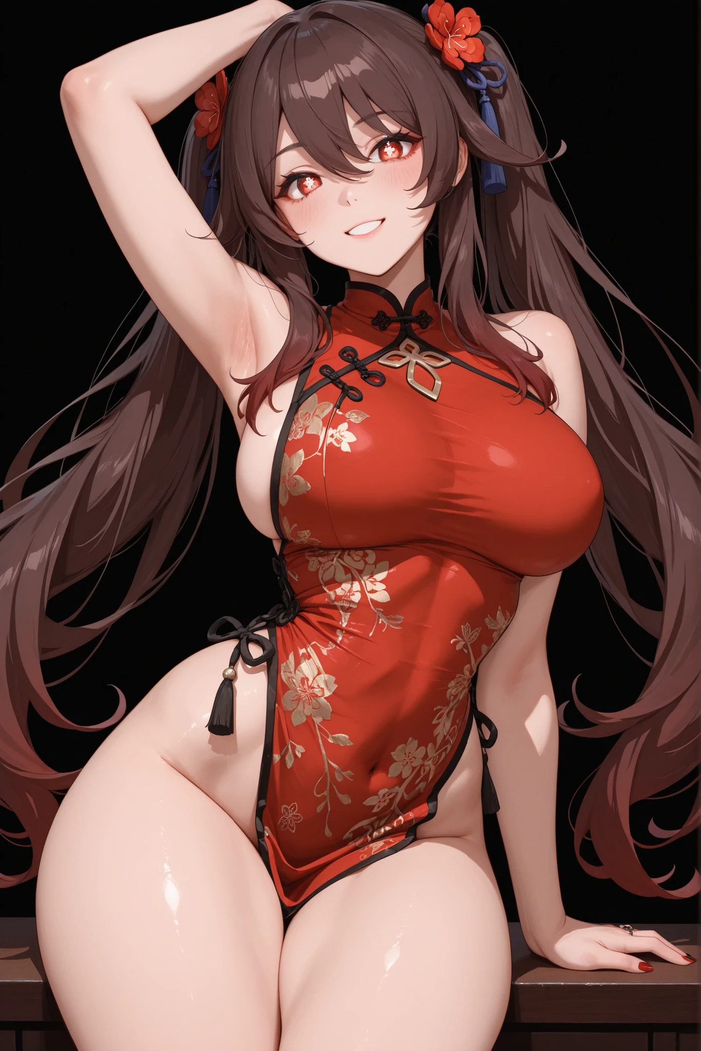 score_9, score_8_up, score_7_up, cameltoe, commentary_request, light color, wip, weak color,medium_breasts, highres, black_panties, hairclip, navel, cowboy_shot, white_border, stomach, pulled_by_self, red-framed_eyewear, solo, 1girl, looking_at_viewer, closed_mouth, glasses, sparkle_\(honkai:_star_rail\), outdoors, smile, absurdres, legs_together, panty_pull, thick_thighs, white background