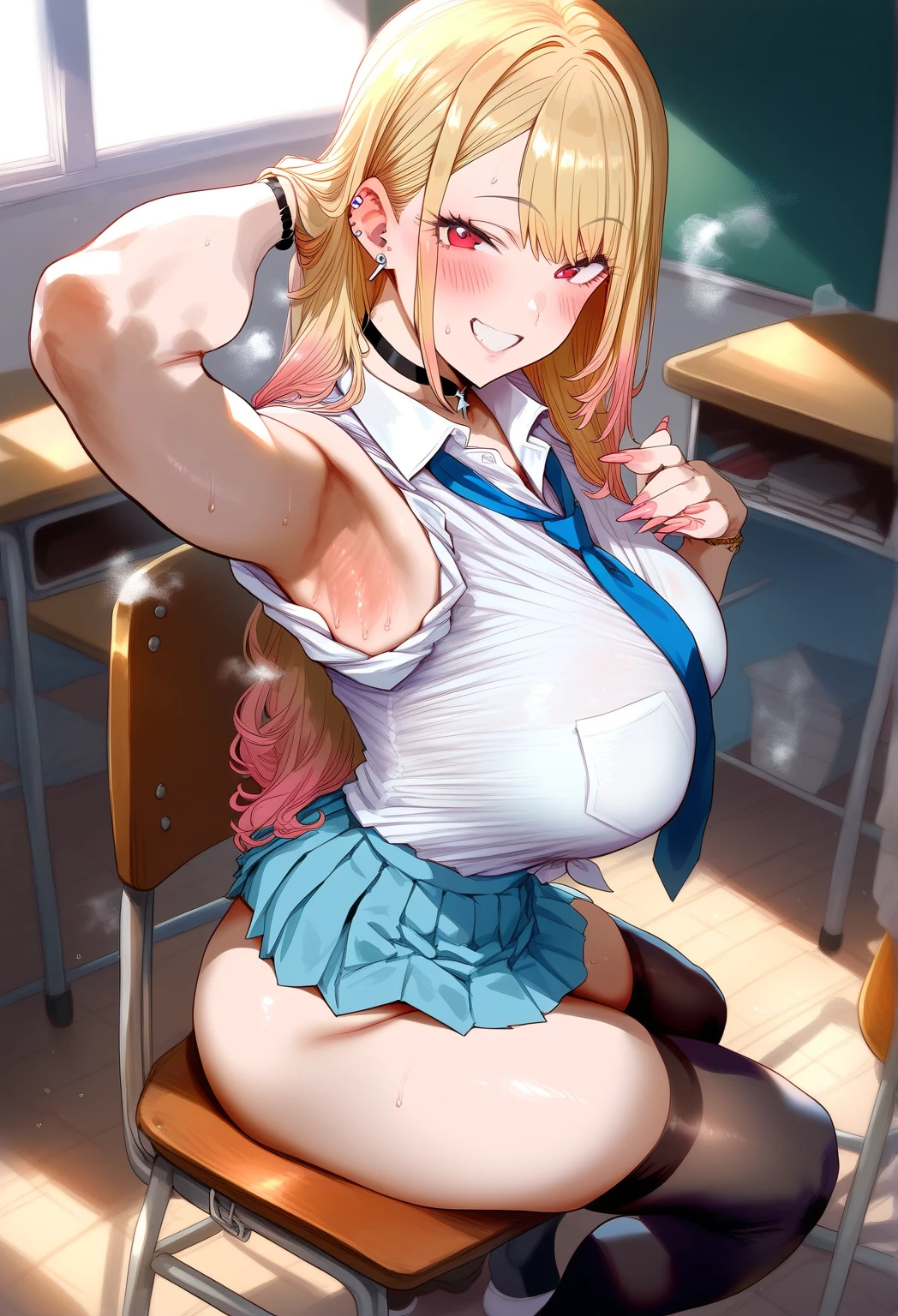 (((vulgar)))(masterpiece, best quality), one japanese girl, long curly yellow hair, unbuttoned blazer uniform, short skirt lift, choker collar, super breasts, show off nipples, arms bound above head, vibrating toy in vagina, much juice from having an organism, (squatting pose), (blushing:1.5), looking up at viewer, pov, vulgar expression, (open mouth wide),, sweaty skin:1.5, (much drool), classroom, (takeda hiromitsu style)