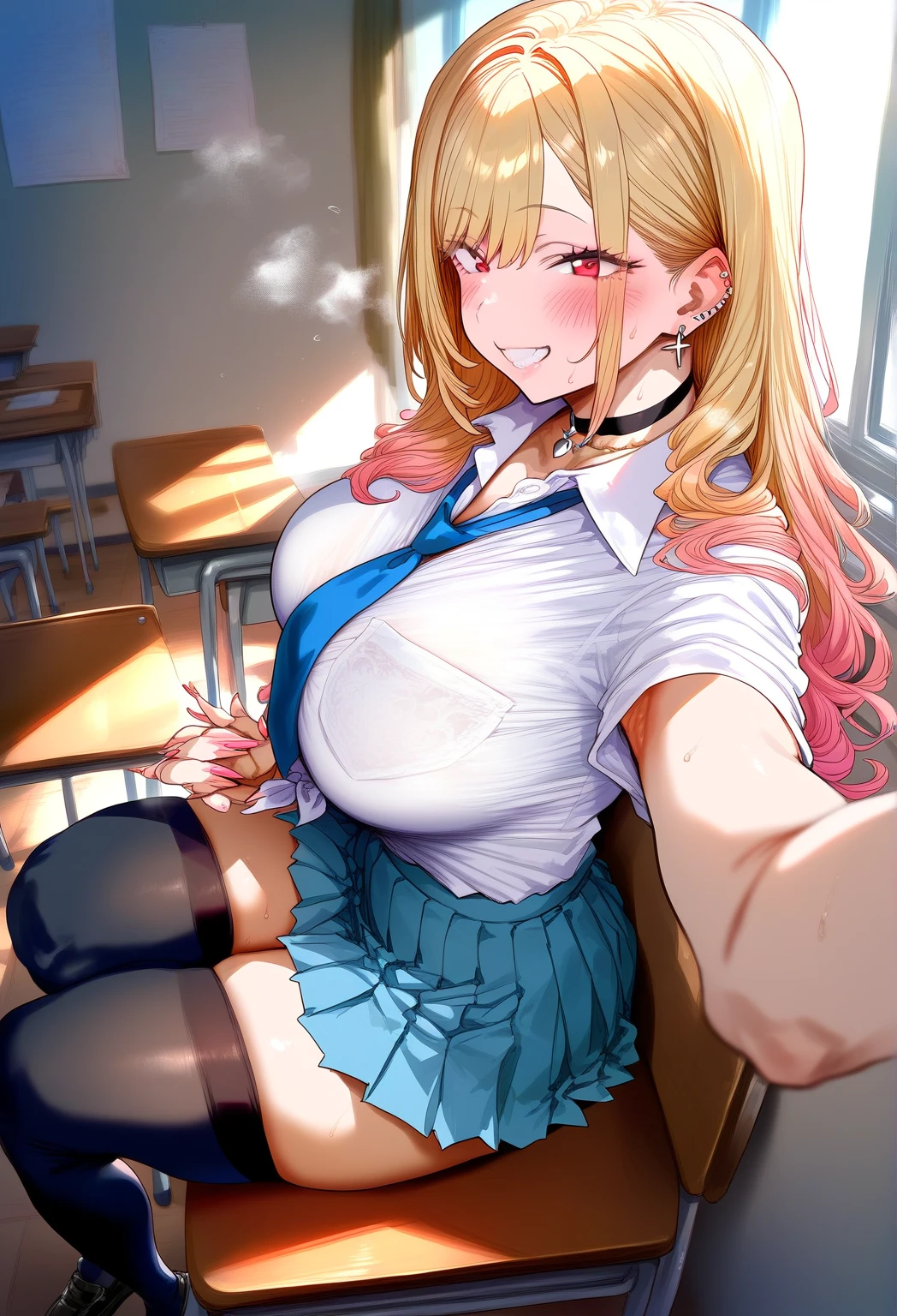 (((vulgar)))(masterpiece, best quality, ((Point of View Shot))), one japanese girl, unbuttoned blazer uniform, short skirt, no panty, choker collar, curly yellow long hair, (show off nipples), nipple piercing, solo masturbation (fingering vagina herself with one hand, squeezing one breast strongly by one hand herself), much juice from vagina, Orgasmic Bliss expression, (squatting pose), (blushing:1.5), face up, (open mouth wide), (tongue out fully), sweaty skin:1.5, (much drool), classroom, (takeda hiromitsu style)