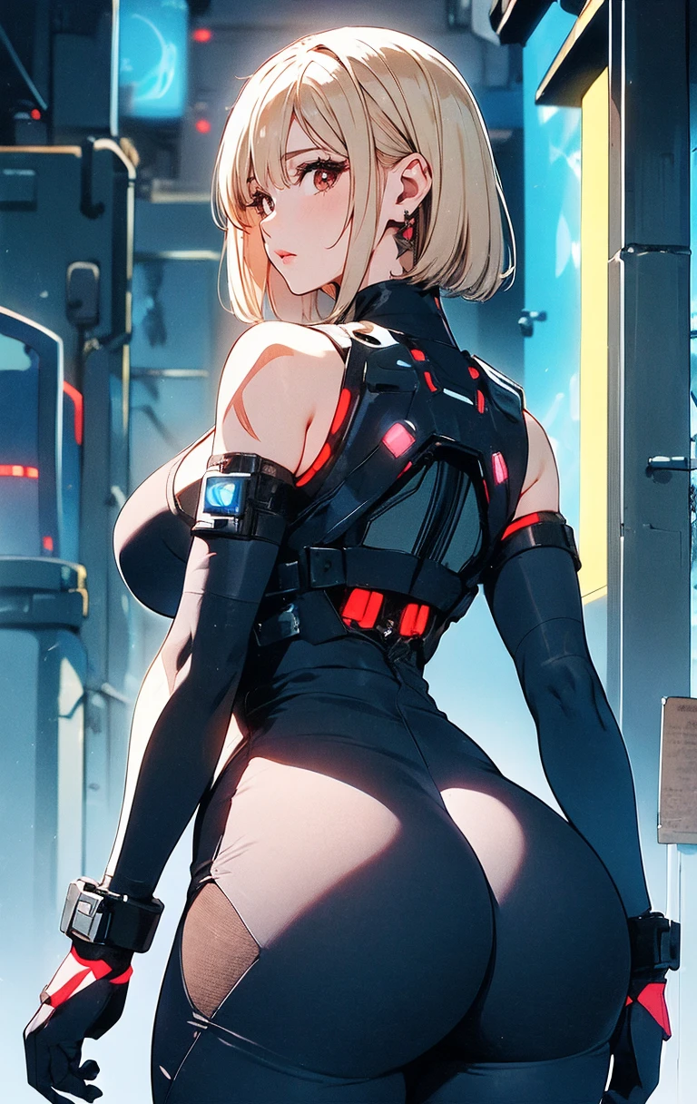realisticlying,1girl,Short hair,blue color eyes,glowing light eyes,Cut the top,a skirt,parted lip,Be red in the face,Girl posing for a photo in black leather, Cyber Set,Raised sexy,Milk fat buttocks, thicc, roleplaying, Kizi, biomechanical oppai,enchanting,Turn your back and turn around,Show your hips