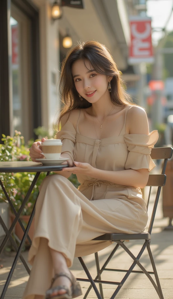 Generate a realistic portrait of a woman in a yellow gown, holding a cup of coffee and facing the camera. She has medium-length dark hair and a warm, approachable expression. The background is simple and neutral, with soft lighting highlighting her features and the gown's texture.