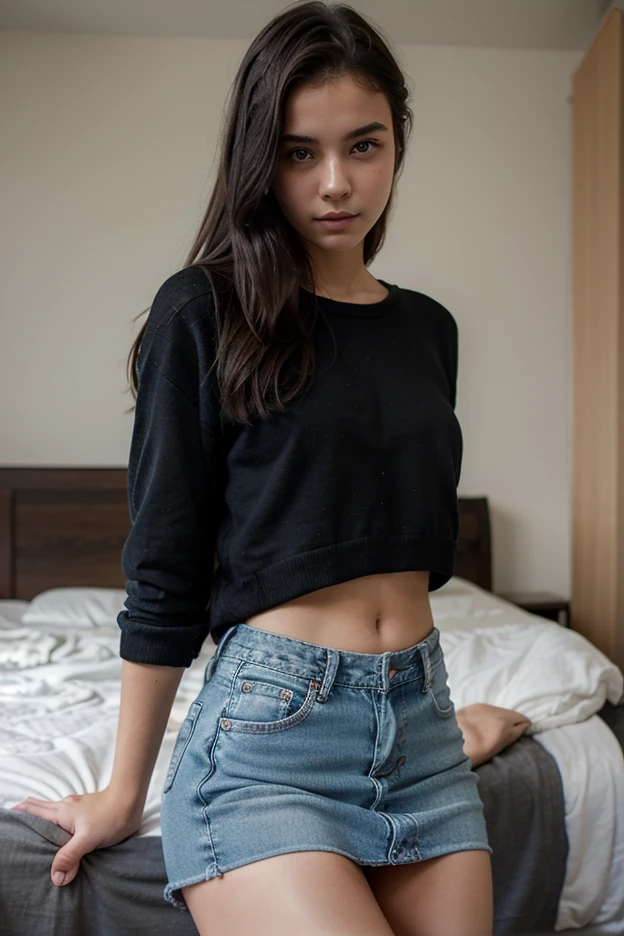 (pp clothes) RAW photo, photograph of a Qubcoise 20 years old woman, (detailed facial features), gorgeous face, grunge style, black hair with bangs, septum piercing, standing in her messy bedroom, pale skin, wearing eyeliner, grainy, (high detailed skin:1.2), goth, scene hair, (emo girl), teased hair, wearing bracelets, wearing choker necklace, wearing jeans, instagram, colorized, ((detailed face)), selfie, 