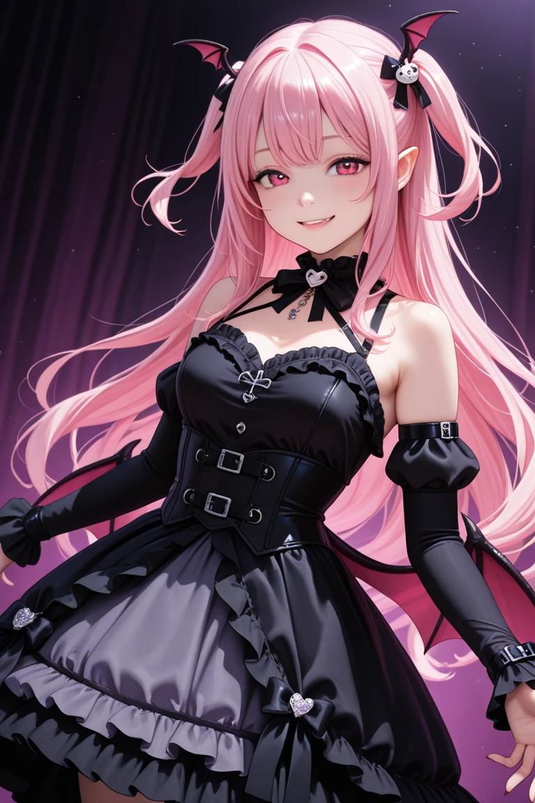 Gothic, vampires, black cloaks, 18th century London, Pink hair, young face, smile, famous character, high detail of objects, gloomy environment, horror style, good detail of body and hands, full height, high detail 2k, black lipstick on the lips,black flame