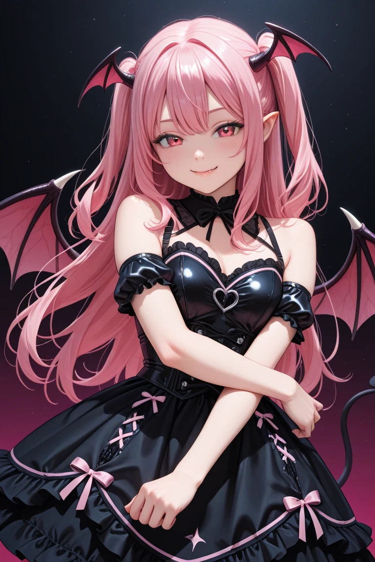 high resolution beautiful skin detailed picture pretty girl small breasts pink hair succubus smile ruffle dress middle ages