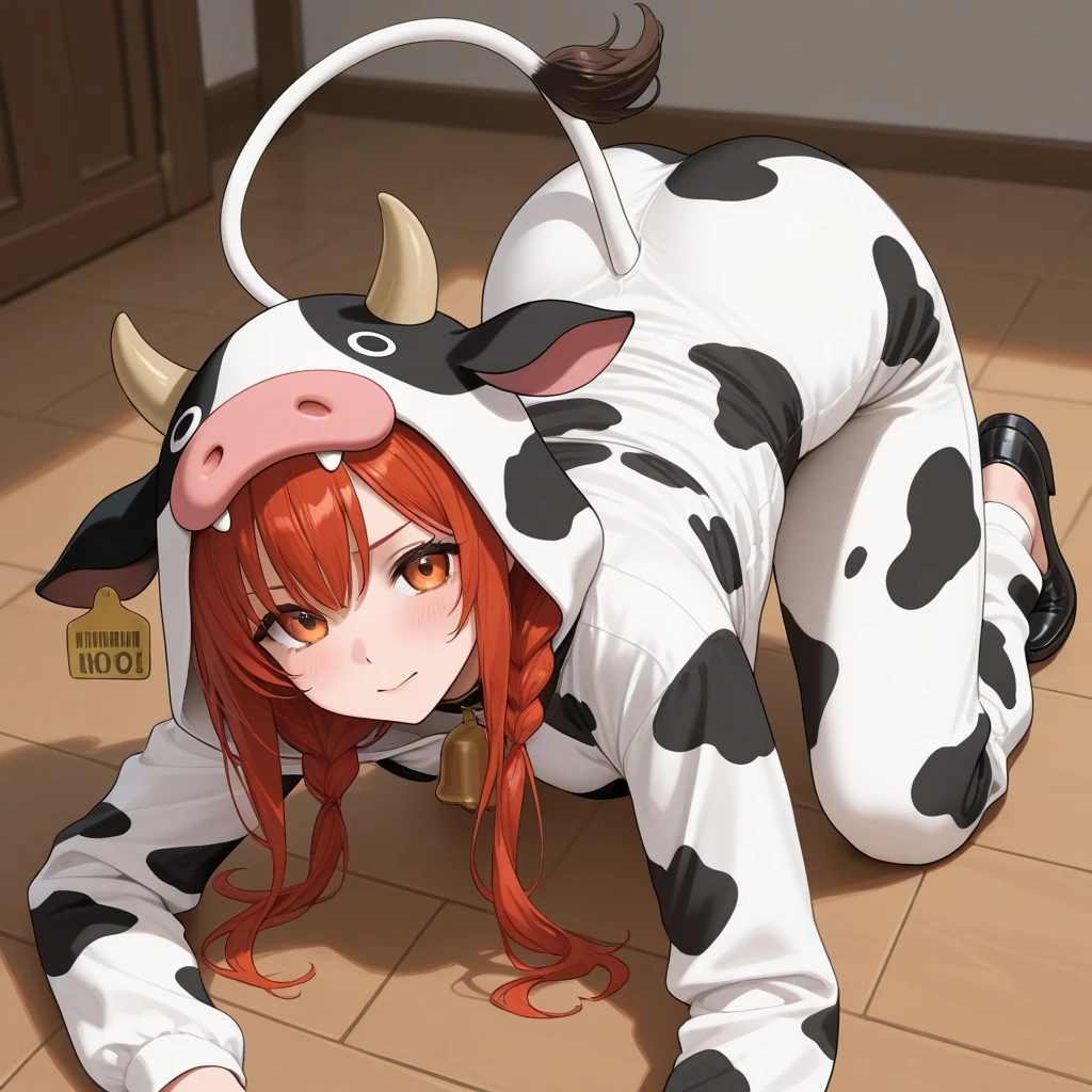 (harayutaka art style:0.7), score_9, score_8_up, score_7_up, score_6_up, score_5_up, score_4_up, uncensored, Priscilla Barielle, orange hair, red eyes, braided bangs, braid, hair bow, BREAK (masterpiece:1.2), best quality, high resolution, (detailed eyes:1.3), perfect lighting, (perfect hands, perfect anatomy), hearts, pleasured, large breasts, sagging breast, animal_print, cow_print, breasts, 1girl, gloves, horns, elbow_gloves, solo, long_hair, animal_ears, thighhighs, huge_breasts, bell, rating:questionable, cow_ears, collar, cleavage, blush, swimsuit, bottle, looking_at_viewer, bikini, bell_collar, cow_bell, fake_horns, navel, cow_horns, curvy, detached_sleeves, cow_girl, mature, rating:safe, smile, office room, table, low light, veiny breast, dirty, milk bottle, sweating, zettai ryouiki, shiny skin, 