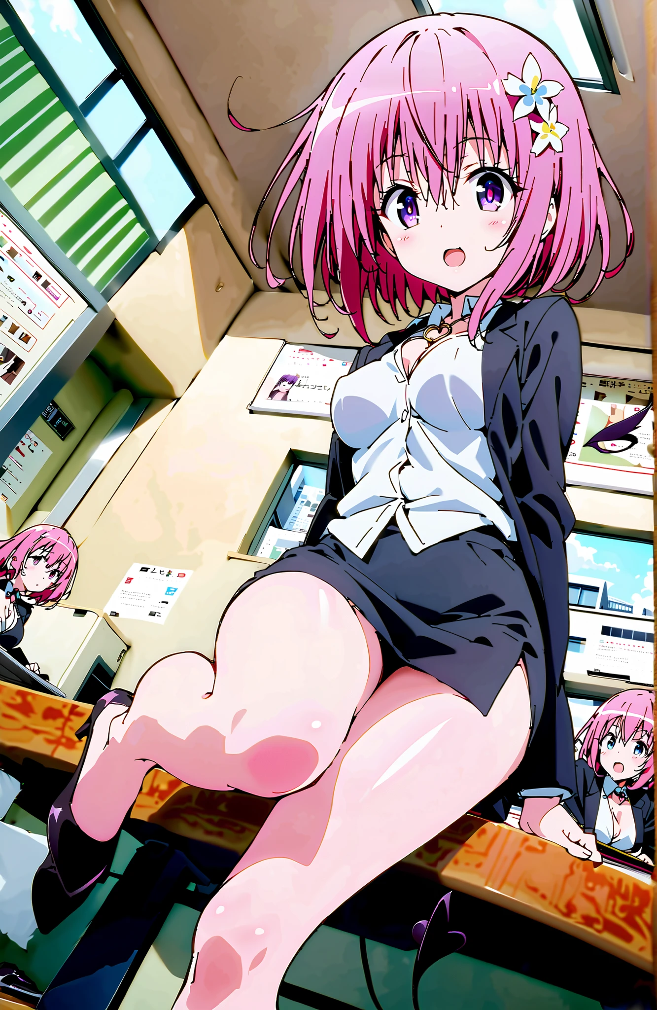 Momo Deviluke, Demon Tail, hair flower, hair ornament, PURPLE EYES, pink hair, short hair, Medium breast,heart shaped necklace,smile,blush,open your mouth,OL, red glasses, end, black suit jacket, collared jacket, white dress shirt, collar shirt, button, , Black Pencil Skirt, is placed on the work desk, pin heels,Sit cross-legged on a table,interior,The computer is on the table,angle from below, large window,noon, Beautiful Streetscapes,full bodyがイラストに入るように,壊す looking at viewer,full body,
Destroying Indoors,office ,
wallpaper,(shape:0.8),( fine, beautiful eyes :1.6),It's a person ,full body写真,CG Details , (perfect hand in h,Complete Anatomy),