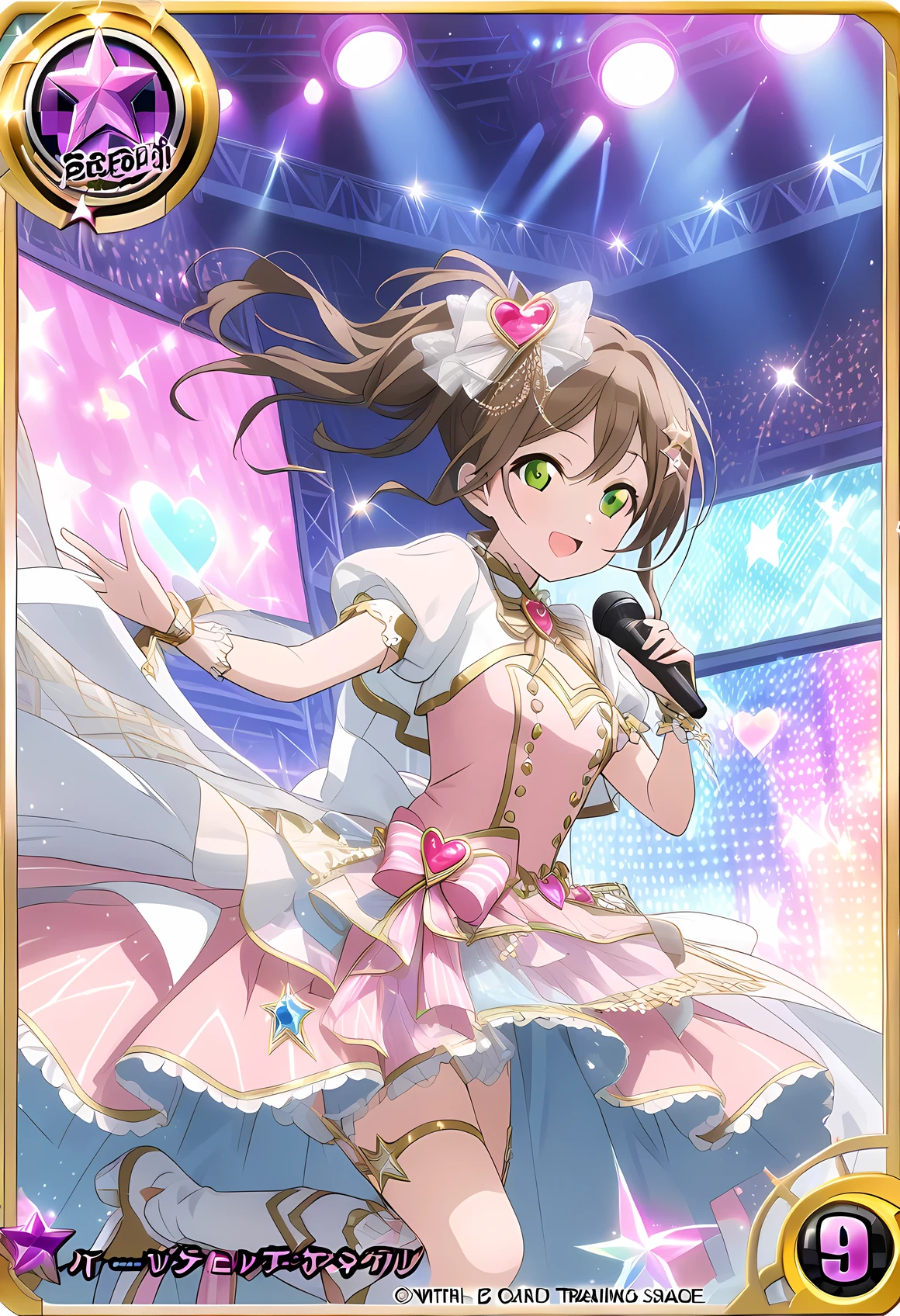 A dazzling idol trading card with a golden border and a holographic finish, featuring a high-rarity "SSR" icon in an octagon at the top-left corner. The card showcases a glamorous anime-style girl performing on stage. She is the lead member of an idol group, singing a solo song while dancing with a microphone in hand. She has long brown hair, with the ends tied in red ribbons that flow as she moves. Her outfit is an elegant and sparkly stage dress inspired by a magical girl aesthetic: a white and pastel pink one-piece dress with layered frills and glittering star patterns. The bodice is adorned with heart-shaped gold buttons and a crimson sash tied around the waist in a large bow at the back. Puffy short sleeves and a small capelet trimmed with gold lace add to the cuteness. She wears knee-high boots with jewel-like decorations and a hair accessory shaped like a star. The background shows a brightly lit concert stage with colorful spotlights and cheering fans in the distance. The entire card shines with holographic effects, emphasizing its rarity and visual appeal.