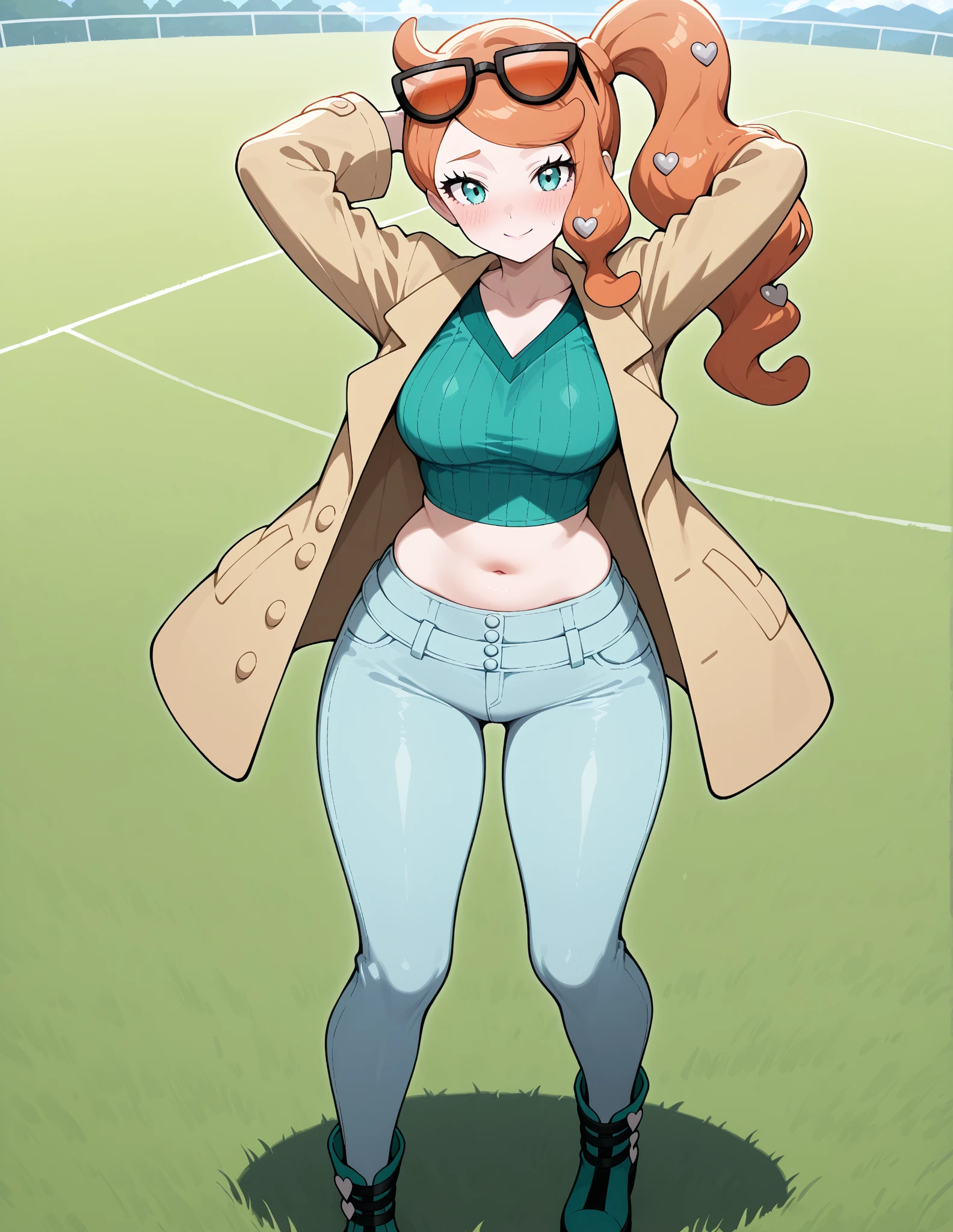 score_9, score_8_up, score_7_up, source_anime, solo, 1girl, anime colors,
pokemonsonia, pokemon sonia,
pokemonsonia, aqua eyes, heart, heart hair ornament, long hair, long sleeves, orange hair, side ponytail, swept bangs, short sleeves,
aqua footwear, aqua nails, aqua shirt, collarbone, eyewear on head, jacket, long sleeves, orange-tinted eyewear, light blue pants, ribbed shirt, shirt, sunglasses, tinted eyewear,
outdoors, pokemon field, field,
looking at viewer, shy, shy smile, midriff, belly, navel, curvy body, shy pose, shy, blush, lower waist, downpants, very shy, pants down, arms up, arms behind head, panty line, low panty pine