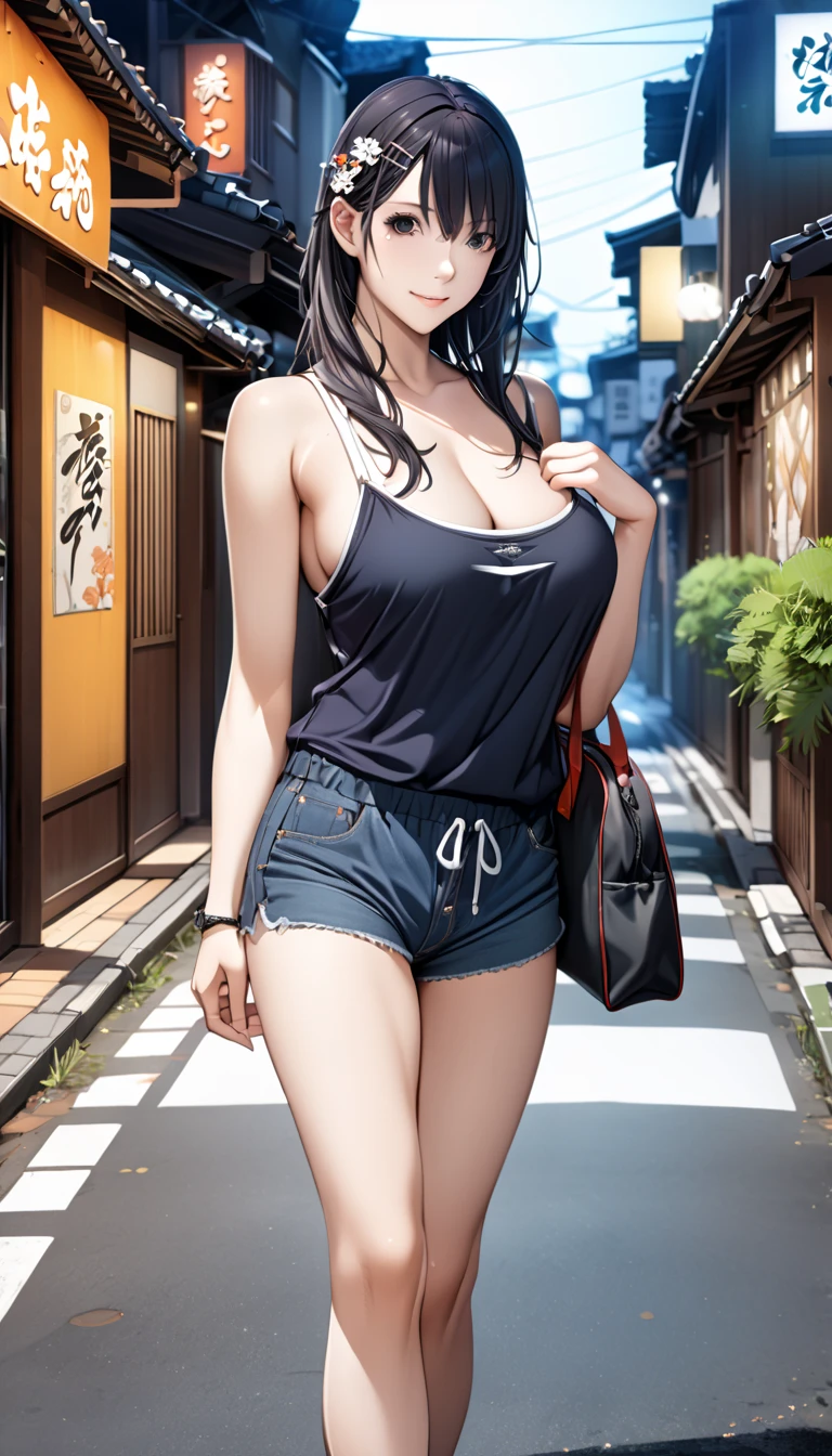(masterpiece, 最high quality:1.2),、Black Hair,(masterpiece, 最high quality, high quality:1.4), Professional artwork、High resolution、(masterpiece: 1.4)、Very detailed、、Small breasts topless Beautiful nipples Town null building Around town ((Leg spread)) sit ((((Vertical striped panties)))) Twin tails